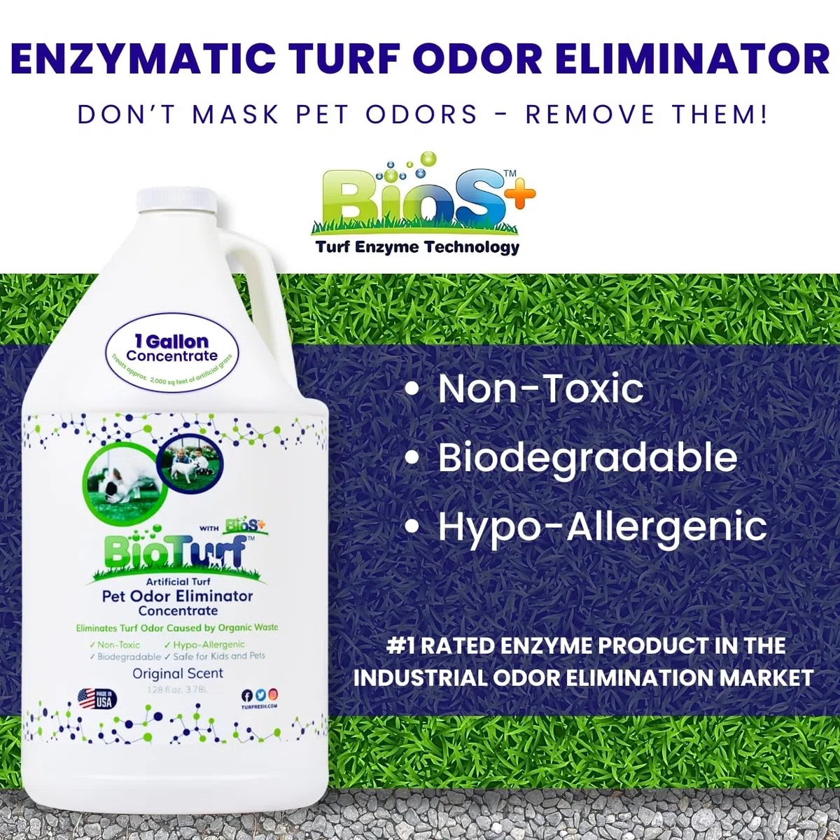 BioTurf BioS+ - Limpiador enzimático concentrado de césped artificial y eliminador de olores de mascotas, eliminador de olores, orgánico, seguro, respetuoso con el medio ambiente (1 galón) - Aroma