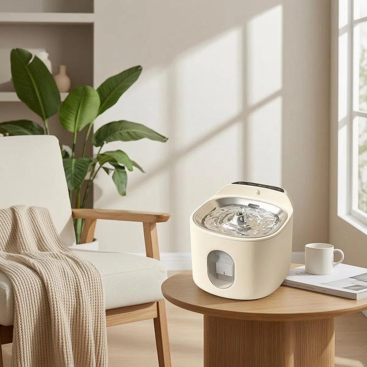 Abrevaro Inteligente Inteligente con Higiénico Fuente con Batería Recargable Portátil Fuente Banja Acero Inoxidable para Interiores, Blanco, Bebedero Inteligente