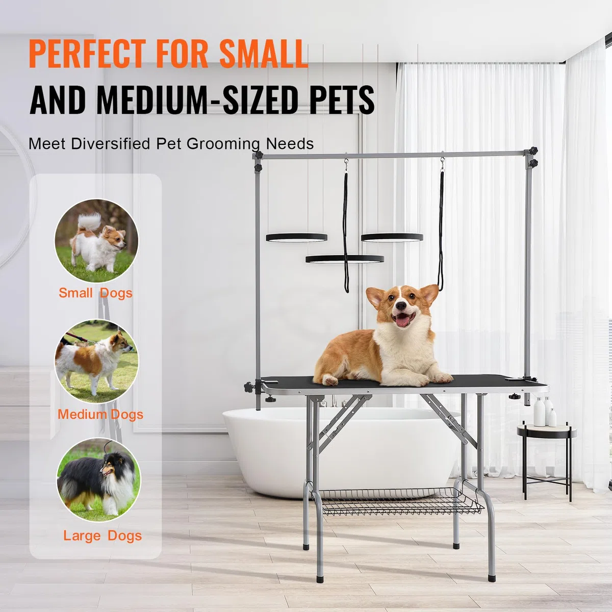 VEVOR Mesa Plegable de Aseo para Mascotas 1137,9x609,6 mm Mesa de Aseo para Perros Carga de 149,7 kg Mesa de Peluquería para Perros de Acero Inoxidable con 2 Pinzas 2 Cuerdas Cesta de Almacenamiento