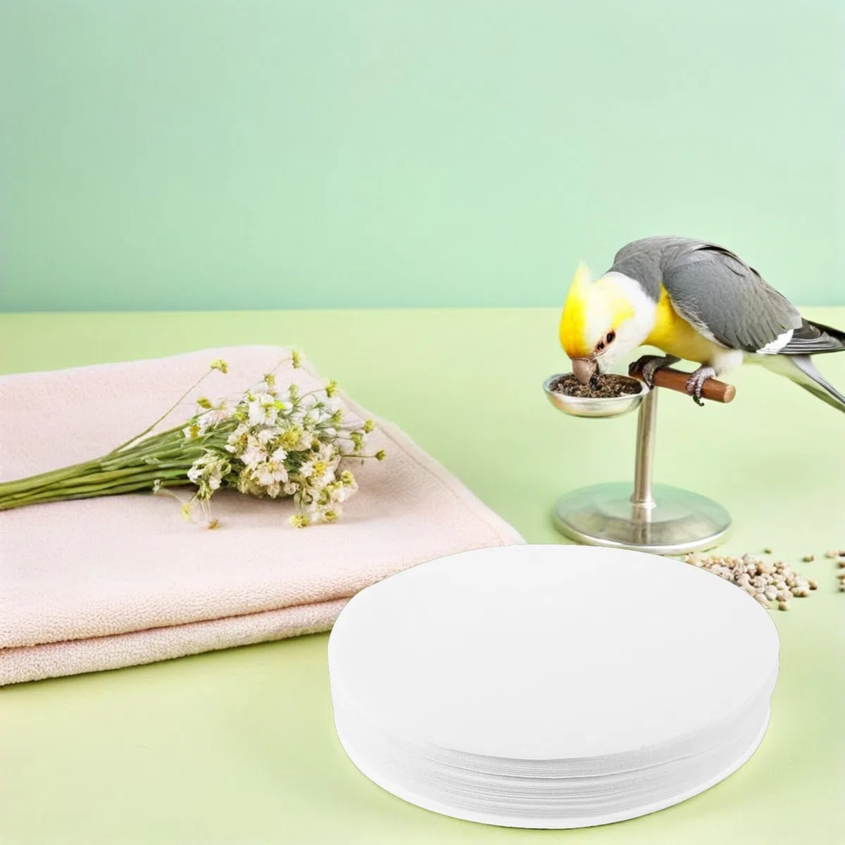 Gatuida 100 Piezas Revestimiento Absorbente para Jaulas de Pájaros Loros 34x34 Cm, Forro Desechable y Antihumedad para Bandeja, Accesorio Higiene Mascotas Interior