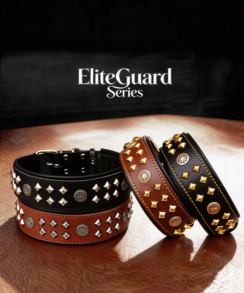 EliteGuard Collar de Perro de Cuero de 5,6 cm de ancho, hecho a mano con remaches y hebilla de acero inoxidable, para uso diario en perros grandes, color negro, 57,5-67,5 cm