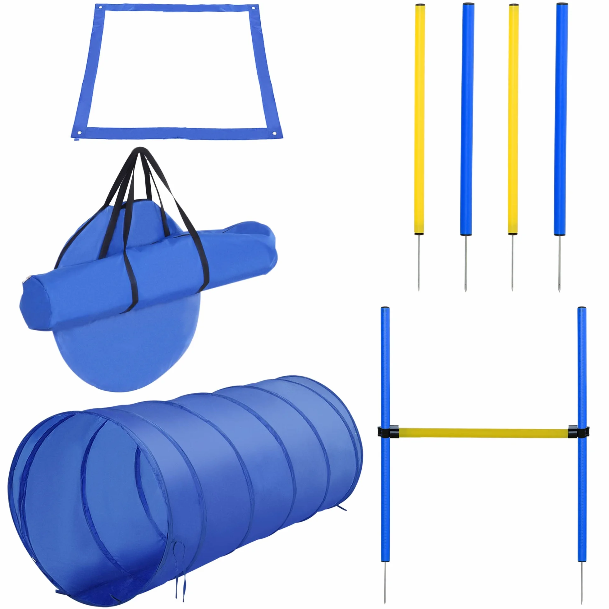 PawHut Set de Entrenamiento de Agilidad para Perros Obstáculos de Salto con Altura Ajustable Túnel para Perros y Bolsa de Transporte Azul y Amarillo