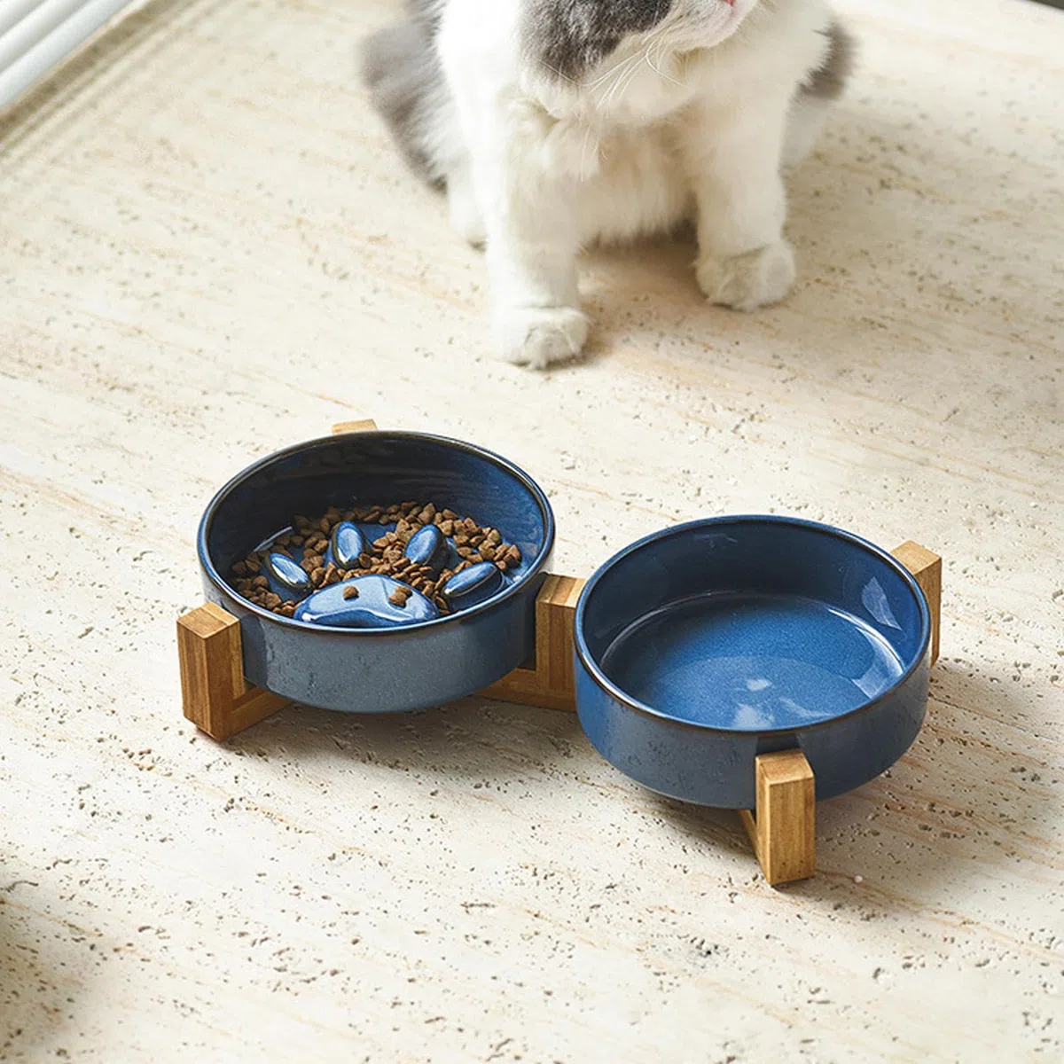Cuencos Alimentación Lenta para Perros Y Bebedero Mediano Elevado | Set Cuencos Cerámica Huella Linda Perros Estación Alimentación Mascotas Accesorios Plato Camping Coche Hogar Exterior Patio