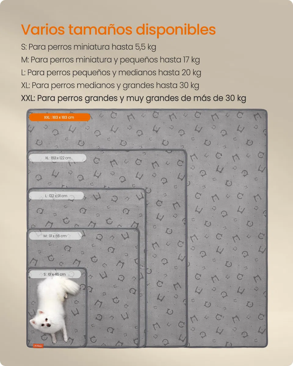 Feandrea Alfombrilla Absorbente Lavable para Perros, 2 Paquetes, Reutilizable, 183 x 183 cm, XXXL, Alfombrilla para Mascotas, Antifugas, Antideslizante, Perros, Gatos, Conejos, Gris Paloma PTD005G01
