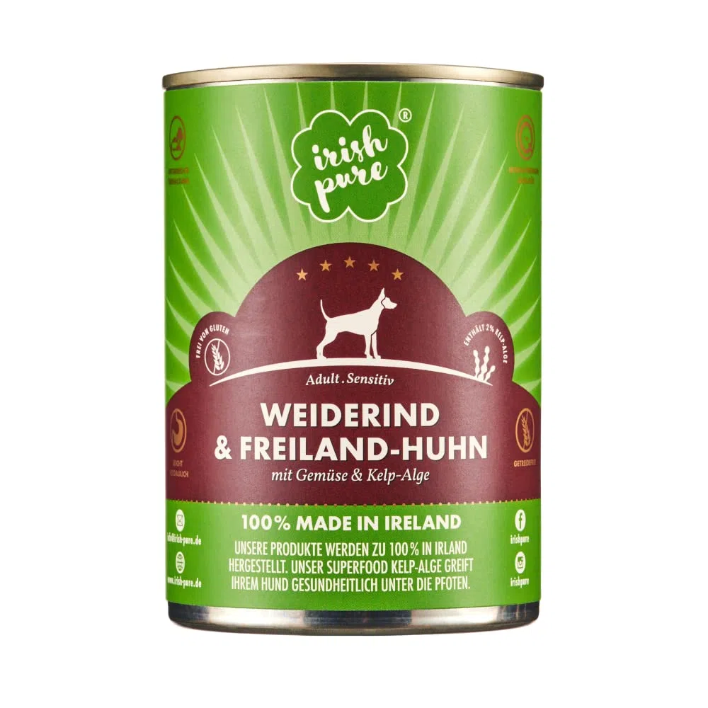 Irish Pure 12 latas de comida húmeda para perros, comida húmeda prémium irlandesa y pollo al aire libre, verduras y algas celp (12 latas de 390 g)
