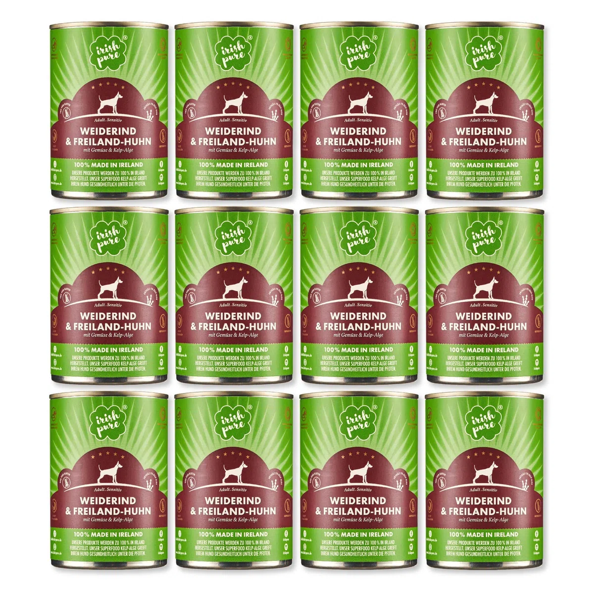 Irish Pure 12 latas de comida húmeda para perros, comida húmeda prémium irlandesa y pollo al aire libre, verduras y algas celp (12 latas de 390 g)
