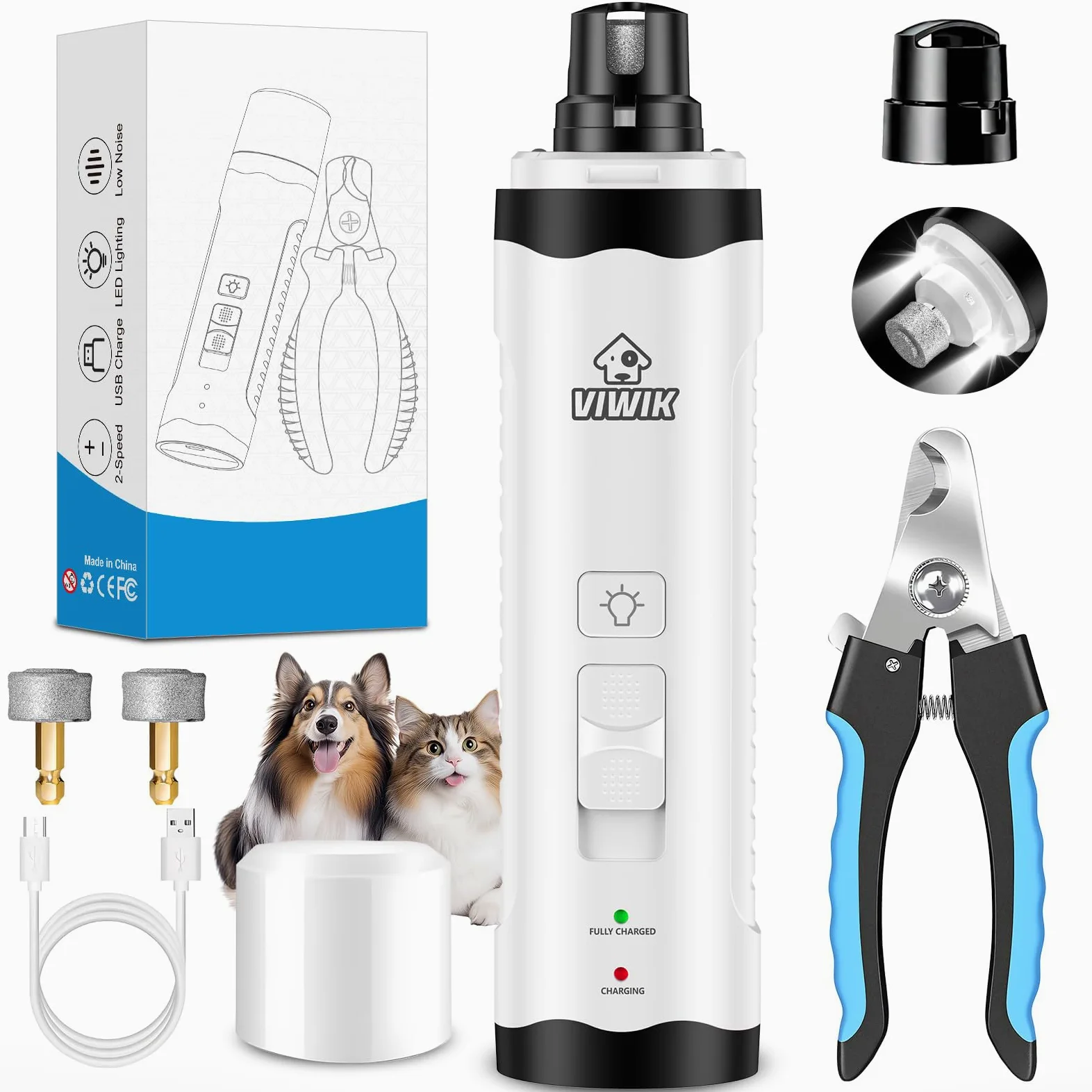 VIWIK Molinillo de uñas para Perros con cortaúñas para Perros, Kit de cortaúñas para Perros y Gatos Grandes, medianos y pequeños, silencioso, eléctrico, de 2 velocidades, Recargable por USB, con luz