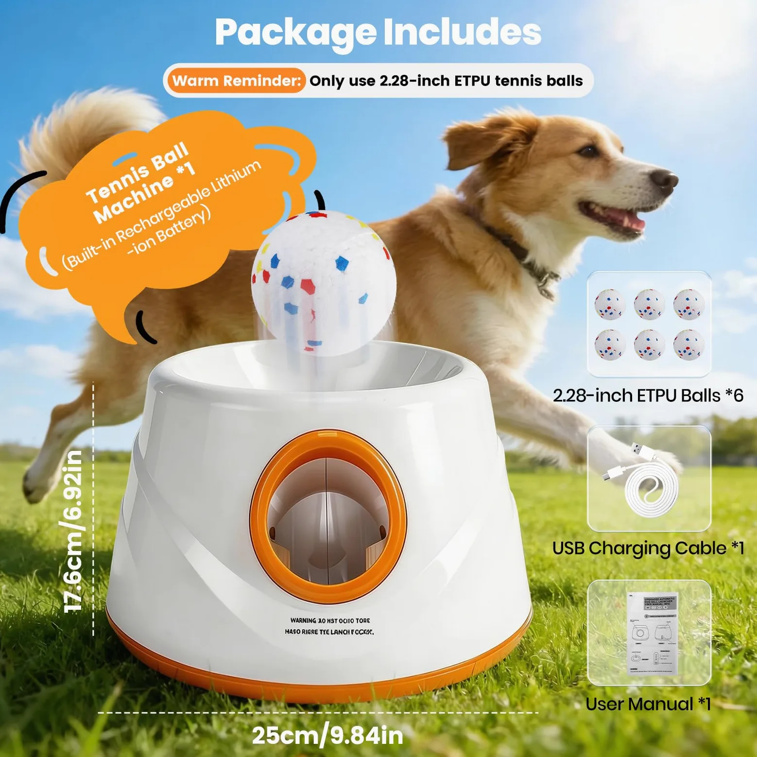 Lanzador automático de Pelotas para Perros, Máquina lanzapelotas con 6 Pelotas de Tenis de E-TPU y 3 ajustes de Distancia Juguete Interactivo para Perros (Distancia de Lanzamiento: 20–46 pies)