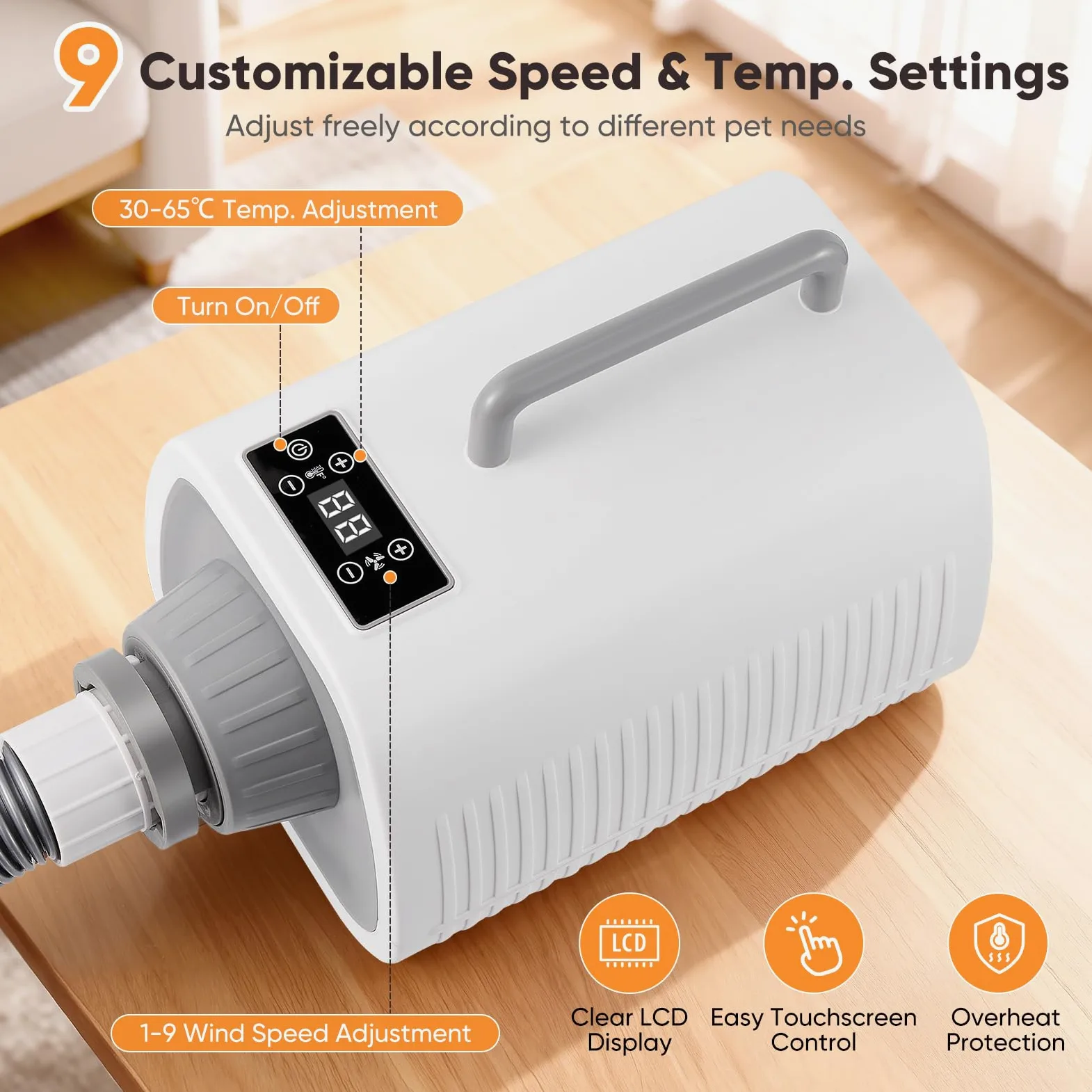 Secador Perro, Potente Secador para Perros con Velocidad y Temperatura Ajustables, 3 Boquillas, Manguera Flexible, Pantalla LCD, Secador Pelo para Perros y Gatos de Todos los Tamaños.