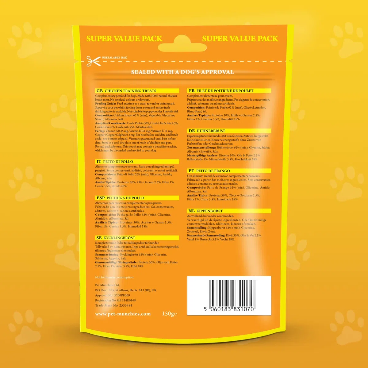 Pet Munchies - Snacks de adiestramiento para perros (8 Paquetes) (8 x 150g) (Pollo)