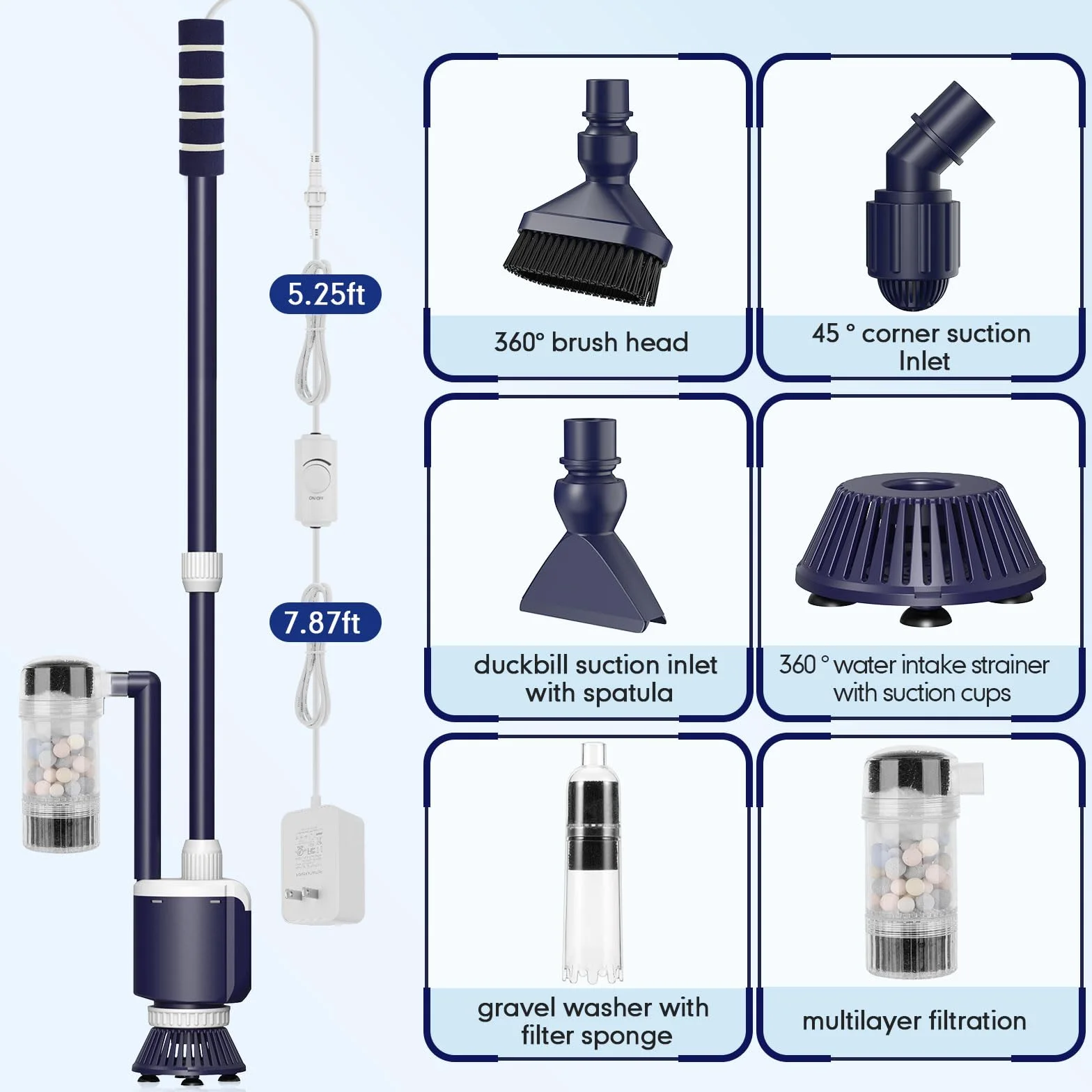 AQQA Tetina para Acuario, DC 2300L/h, Flujo de Agua Regulable para Acuario Eléctrico 32W con Triple Filtración para Cambio de Agua Limpieza de Arena