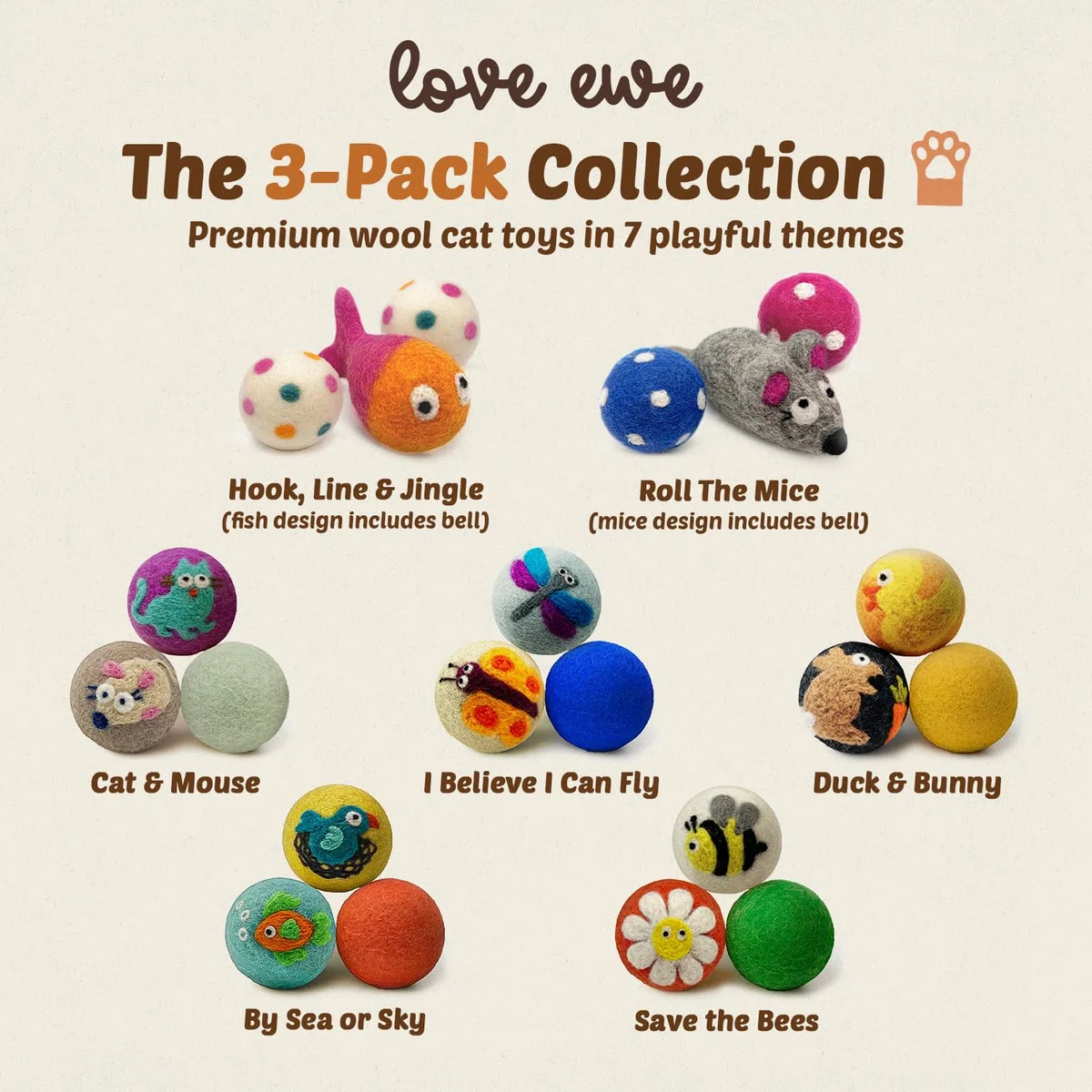 Hustle & Blush Love Ewe - Suministros para mascotas, juguetes para gatos, 100% lana de Nueva Zelanda, juguetes para gatos, gatitos, mascotas pequeñas, bolas de lana coloridas hechas a mano para gatos