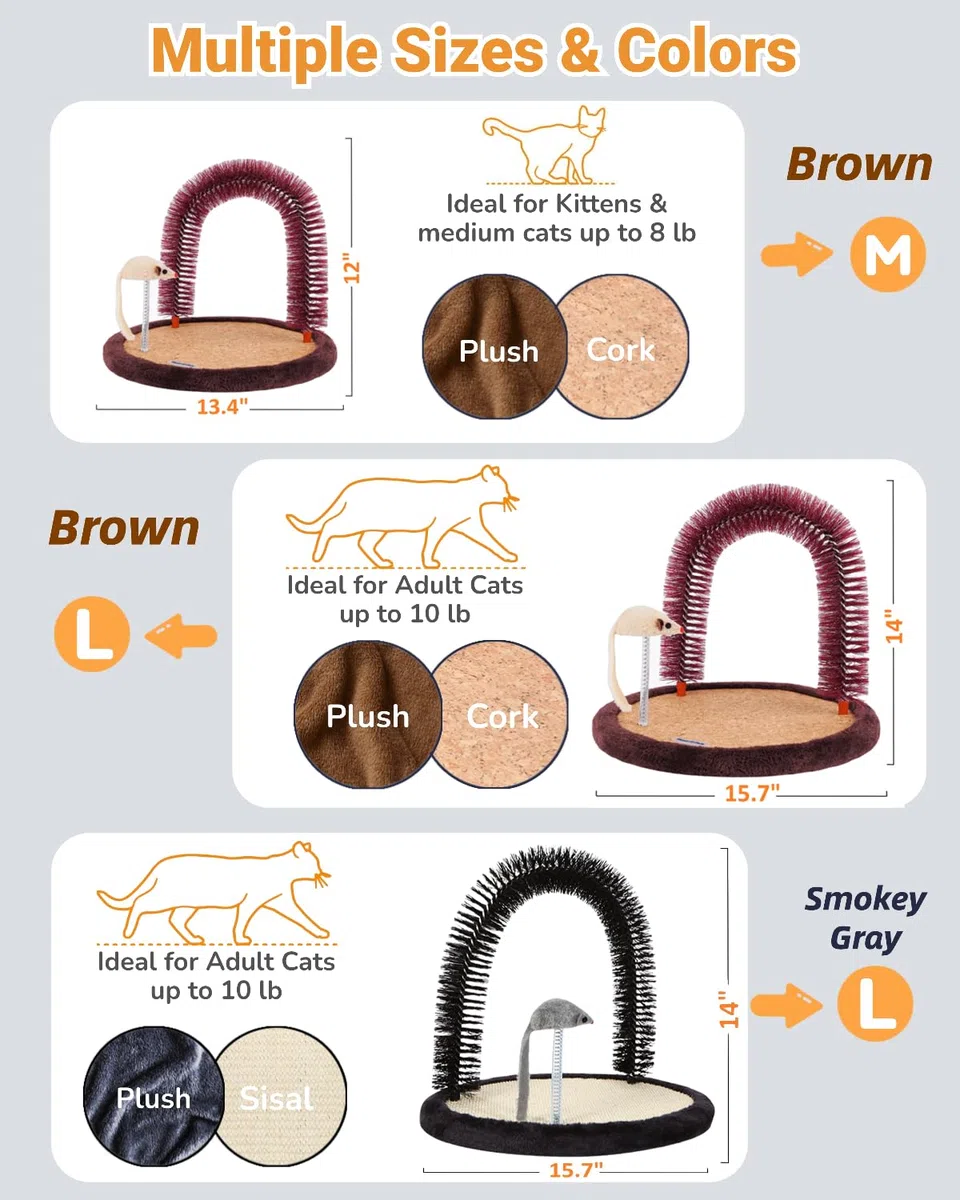 Happi N Pets Cepillo de aseo original para gatos, cepillo de aseo de arco con almohadilla rascadora de madera pesada, poste de frotar y juguete, rascador de cara de gato, masajeador corporal para