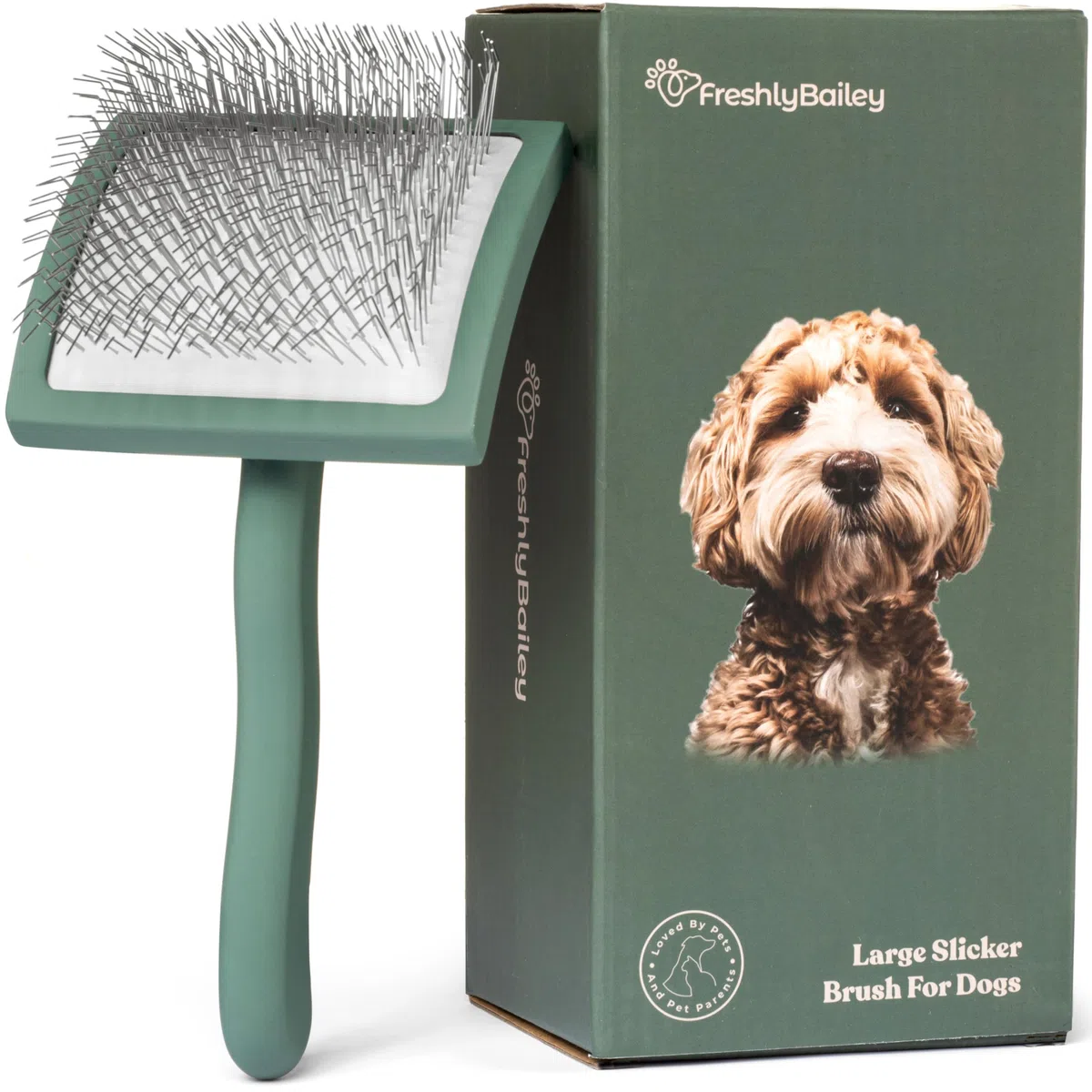 Freshly Bailey Cepillo largo para perros, ideal para perros de pelo mediano a largo, ideal para el aseo de garabatos, caniche, husky, goldendoodle, Bernadoodle, labradoodle, verde curvado