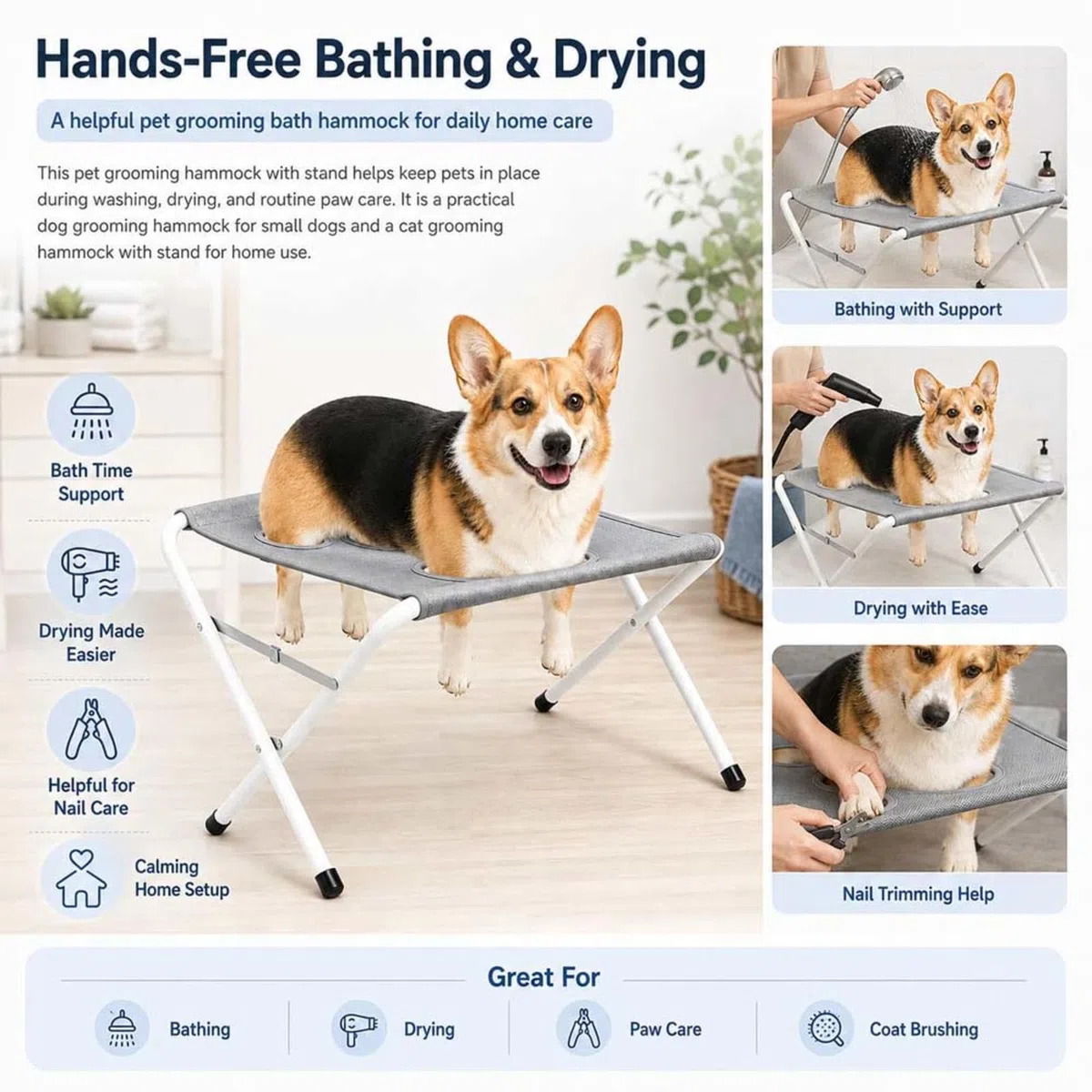Silla para Bañar Perro Correa Ajustable para Sujetar A La Mascota Amaca per Toelettatura Cani Apertura De Ocho Agujeros Hamaca para Mascotas Recorte Diario De Uñas,Baños,Gray