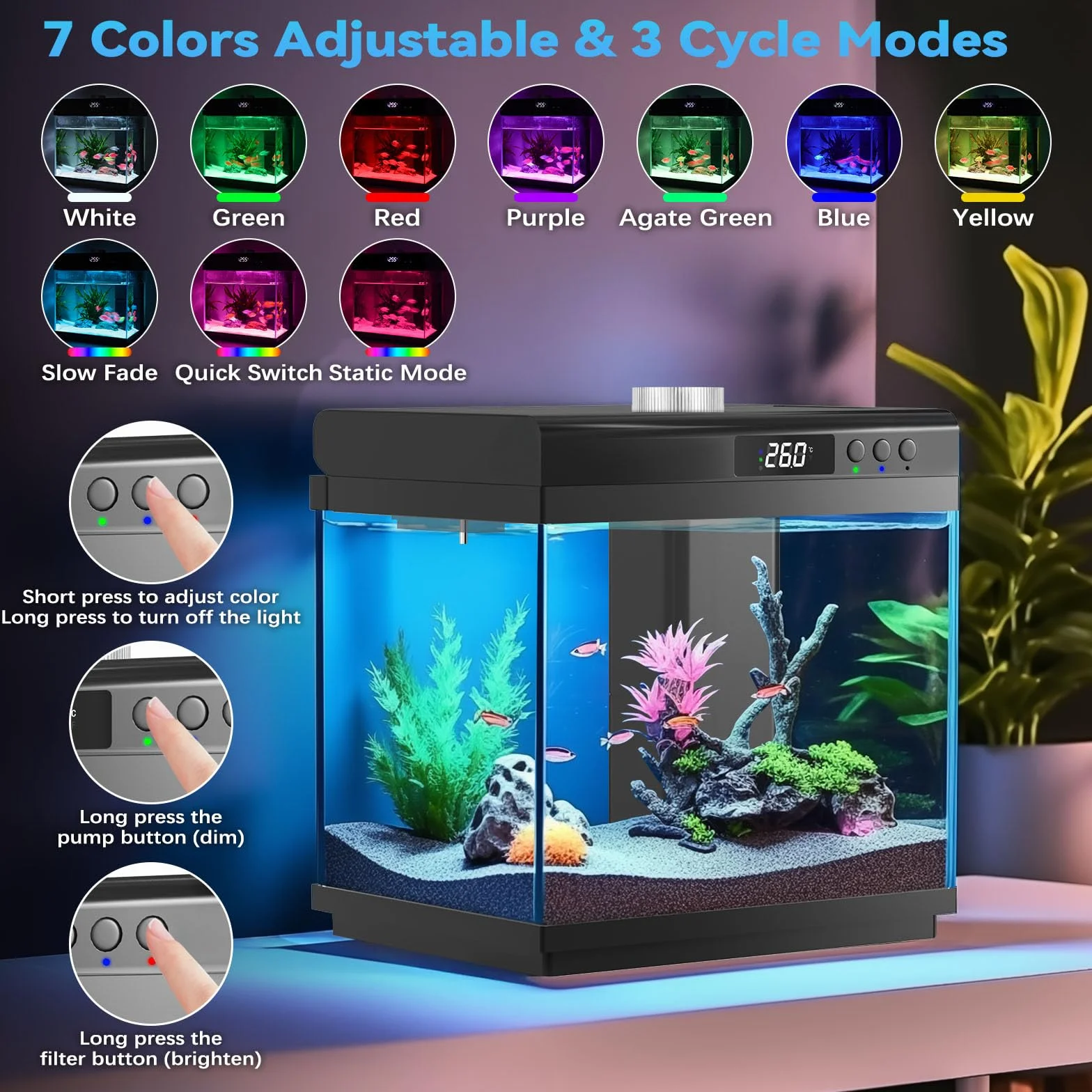AQQA Kits de iniciación de acuario de 14 litros, pecera pequeña de cristal con filtro y luz LED, tanque de acuario nano ajustable de 10 colores, kit de tanque de peces tropicales autolimpiantes, para