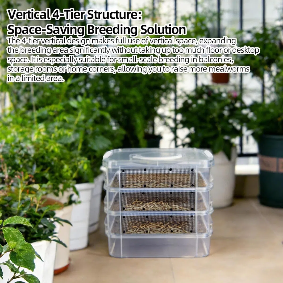 Kit de Cría de de la Harina Contenedor de Malla Transparente de 4 Niveles | para con Asa para Reptiles, Arañas, Aves, Pollos, Lagartos, Dragones Barbudos