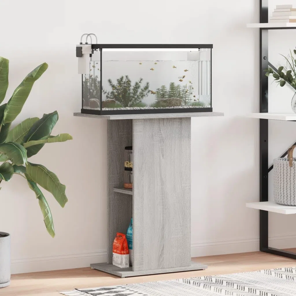 Soporte para acuario, gris Sonoma, material de madera, 60,5 x 36 x 72,5 cm, armario inferior estable con espacio para peces, accesorios y almacenamiento en el salón, oficina o dormitorio