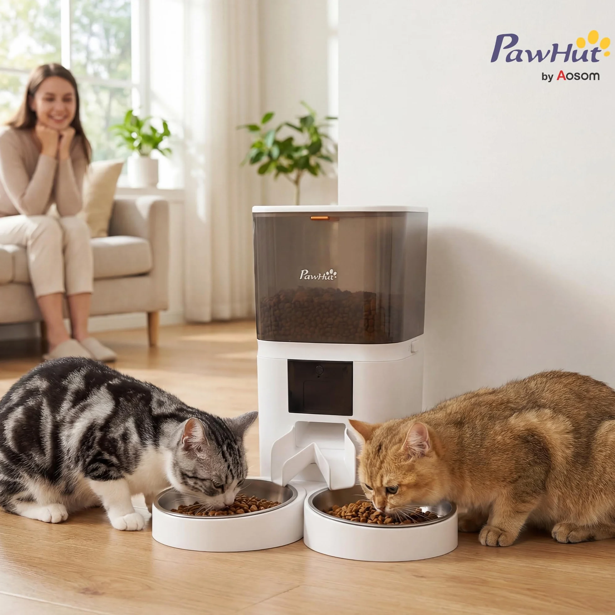 PawHut Comedero Automático 6L WiFi 2.4G Control App para Gatos y Perros | Dispensador de Comida, 2 Cuencos, 1-10 Comidas al Día, Grabadora Voz 10s, 2 Fuentes de Alimentación, Fácil de Limpiar