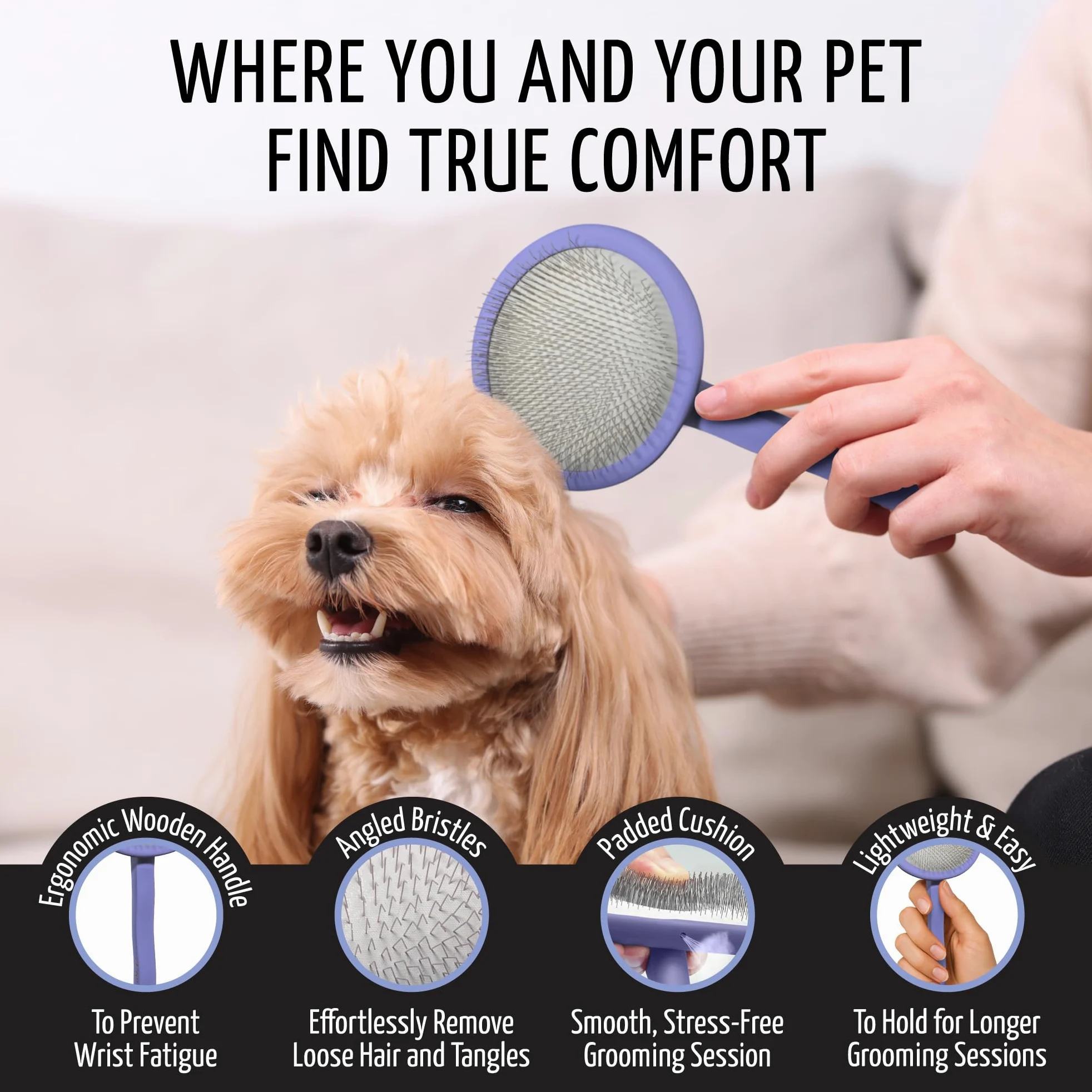 Tauro Pro Line Deshedding Cepillo Madera Perro y Gato, Mediano (M), Morado | Elimina nudos y desenreda, para pelajes semilargos y largos, Almohadilla redonda flexible, Ideal para Cocker Spaniel