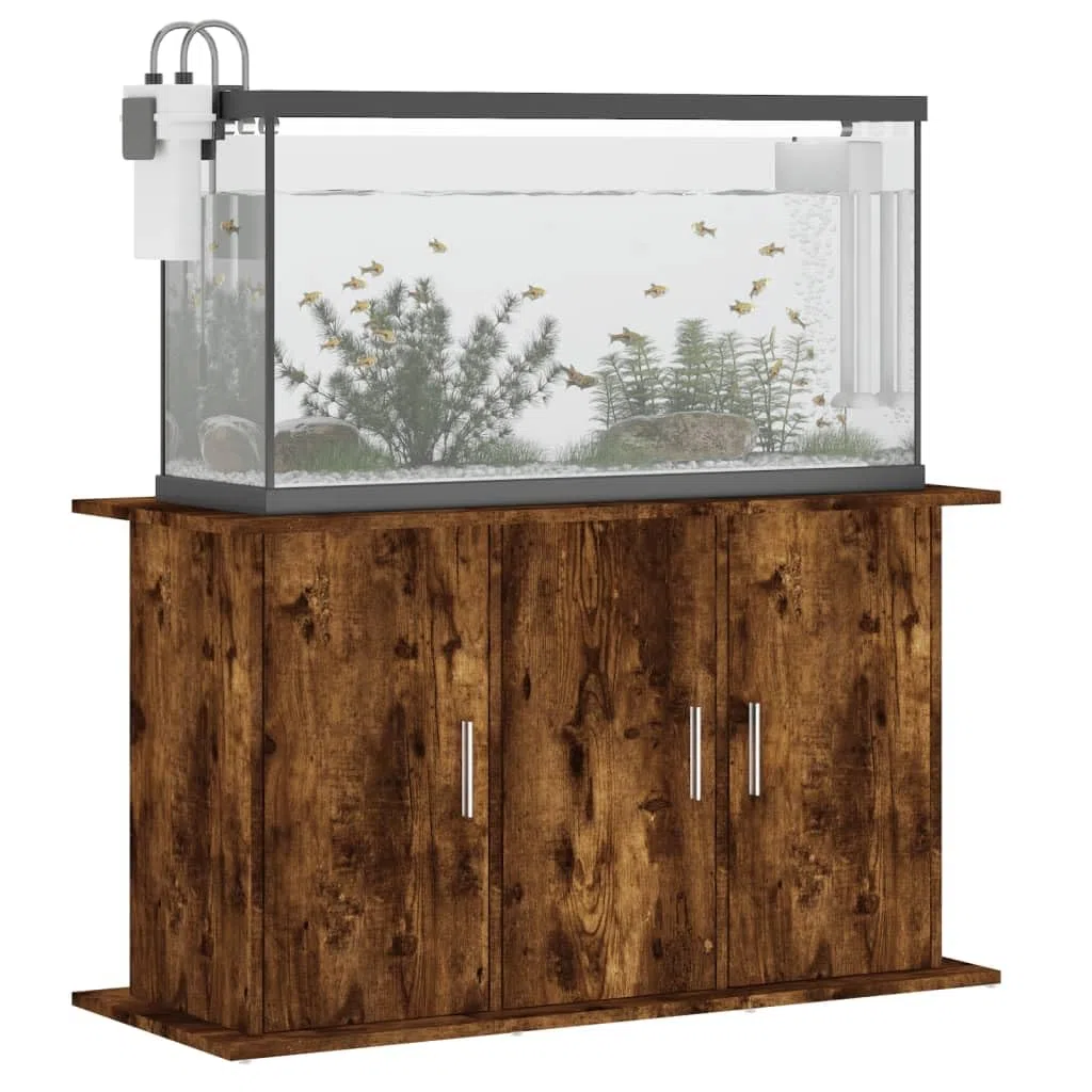 Soporte para acuario, armario bajo de madera en roble ahumado, 101 x 41 x 58 cm, estantería con 6 compartimentos y puertas, armario estable para acuario, terrario y almacenamiento