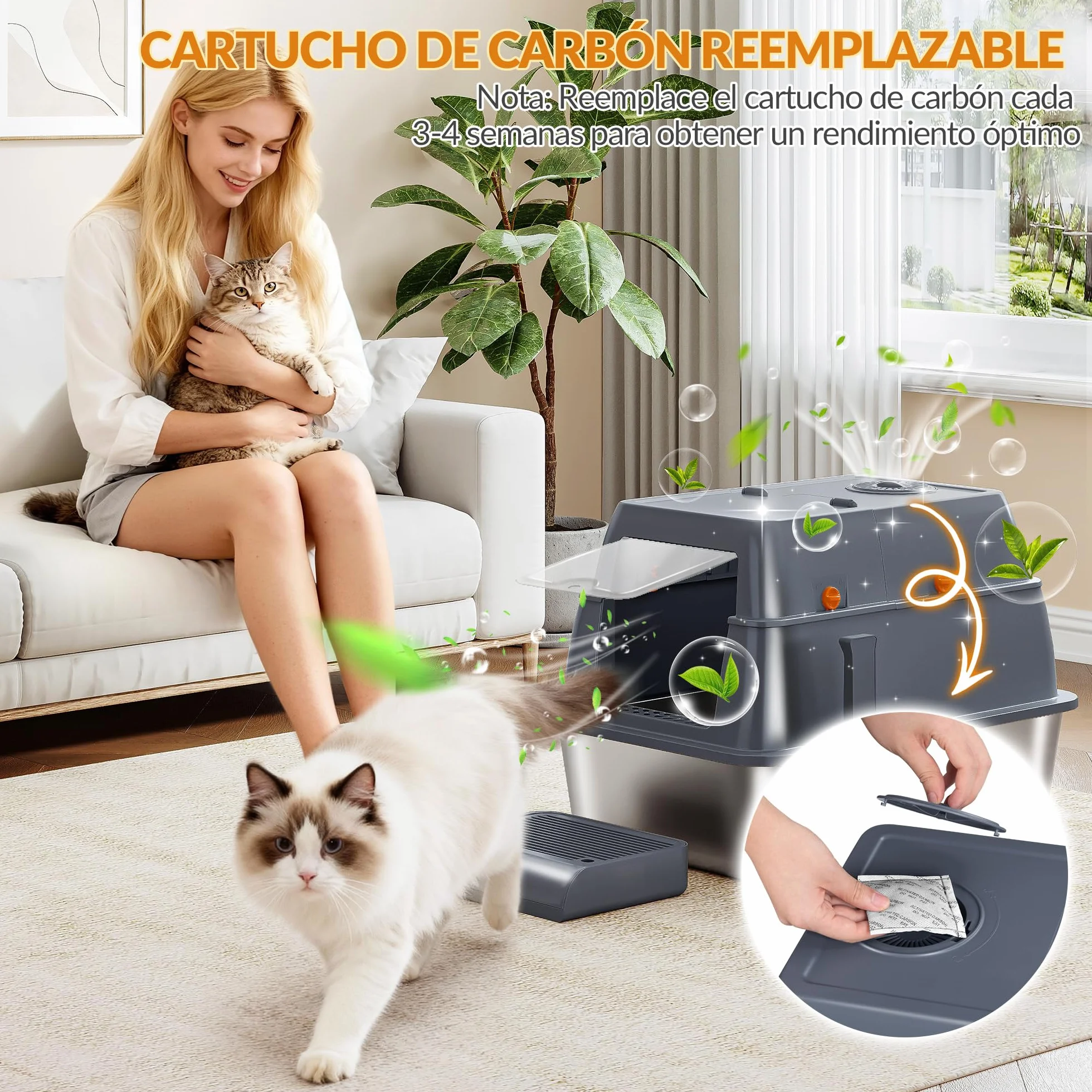 Arenero Acero Inoxidable Gatos XXL, 61 x 41 x 40 cm, Gris Oscuro | Arenero Cerrado para Gatos, con Tapa, Tapa con Bisagra de 180°, Pedal y Pala, Fácil de Limpiar, Diseño Modular FPLB203SG2