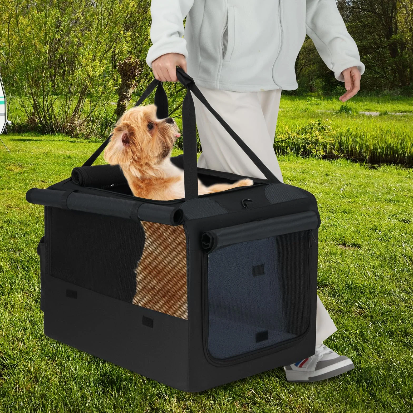 GOPLUS Transportín para Perros y Gatos Expansible, Bolsa Plegable con 5 Ventanas Transpirables, 2 Aperturas, Alfombrilla y Correa para el Transporte, Bolsa para Mascotas de Viaje (60x46x42cm)