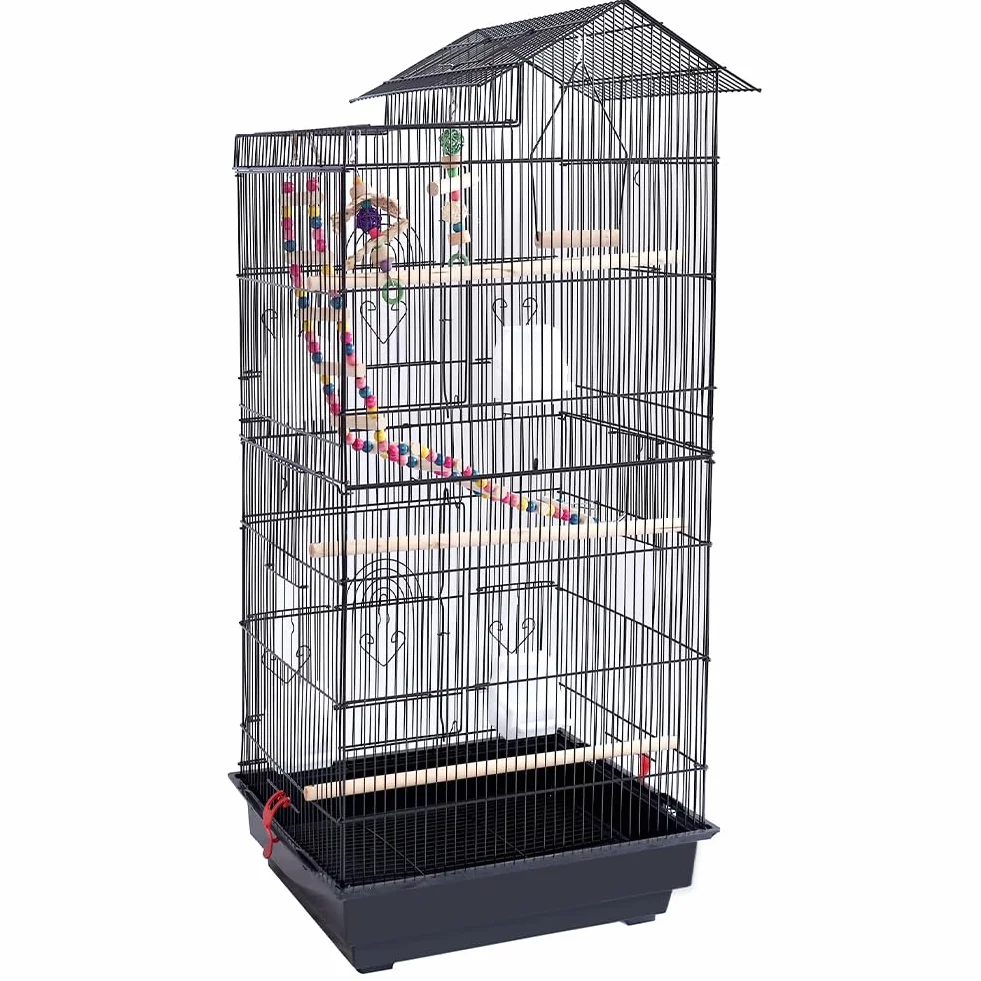 BAKAJI Jaula de Aviones para pájaros, Loros inseparables, calopsite, periquitos, volátiles, de Metal y Madera Negra con Juguetes, Accesorios, Jaula con Escalera y Bandeja extraíble