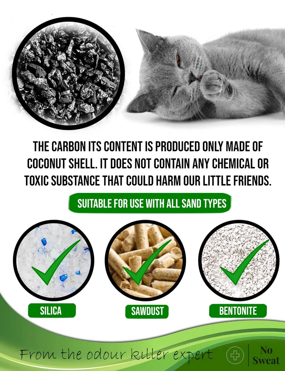 No Sweat Neutralizador de olores de carbón activado para gatos, hecho de cáscara de coco, todo natural, sin productos químicos, ingredientes tóxicos, sin perfume, apto para el planeta, paquete
