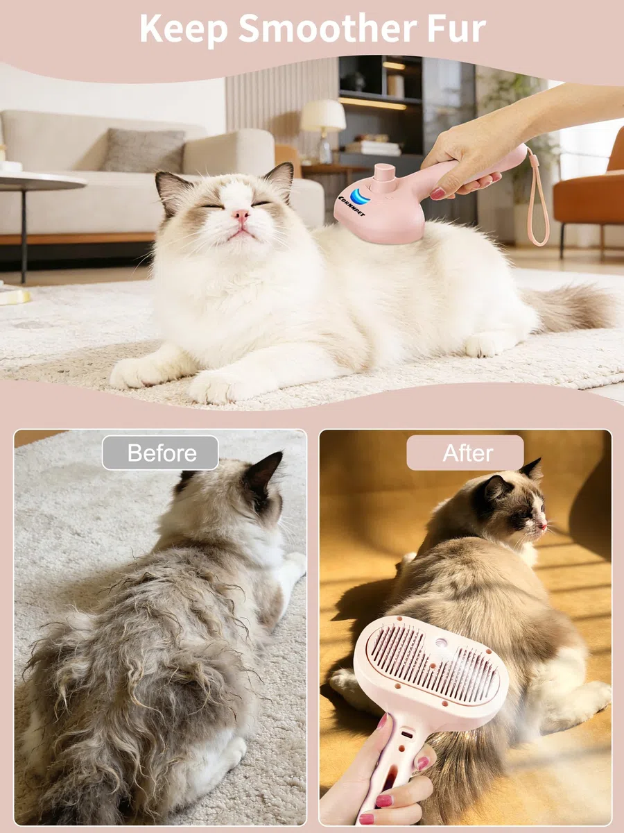 Cepillo de vapor para gatos 3 en 1, cepillo para gatos con botón de vapor y liberación, herramienta de aseo para mascotas de interior, eliminación de pelo, agua para animales pequeños, pelo largo y