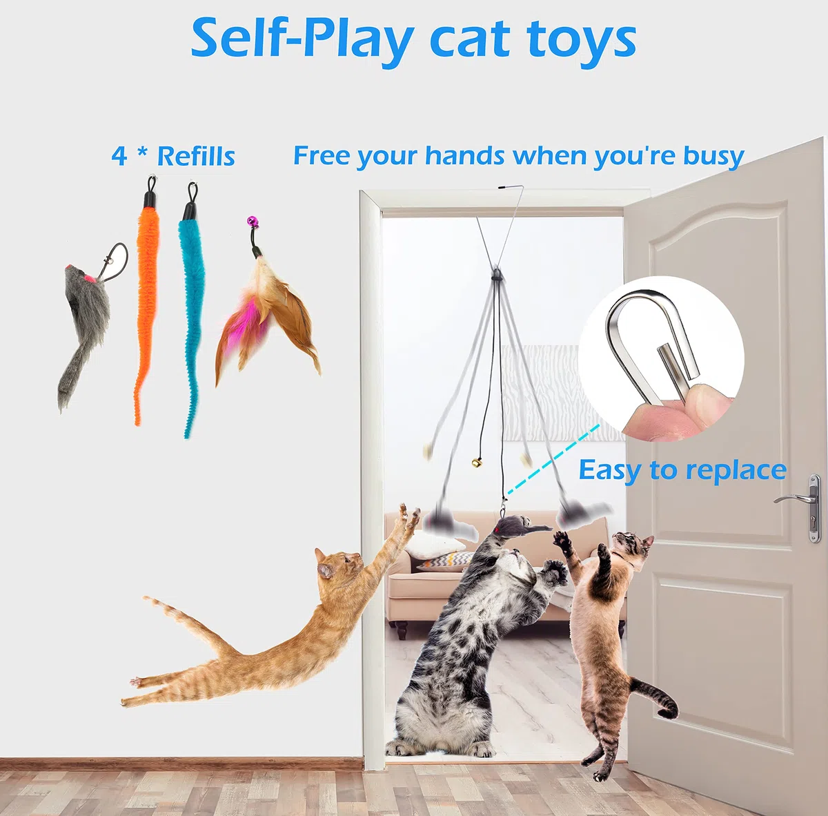 Fashion's Talk Juguetes para gatos, 50 piezas para gatos de interior, ratones interactivos para colgar en la puerta, juguete de plumas para gatos, juguete de resorte, varita para gatos, bolas