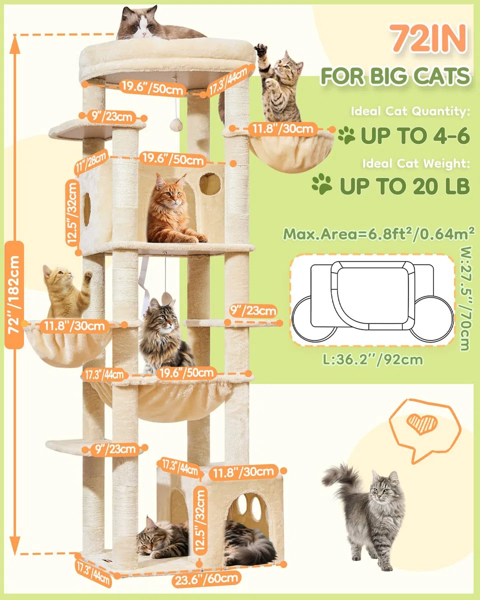 Taoqimiao Rascador para Gatos Grandes, 183cm Arbol Rascador para Gatos com 2 Espacioso Cuevas, 2 Cesta, 7 Poste de Sisal, Hamaca,F20M Beige