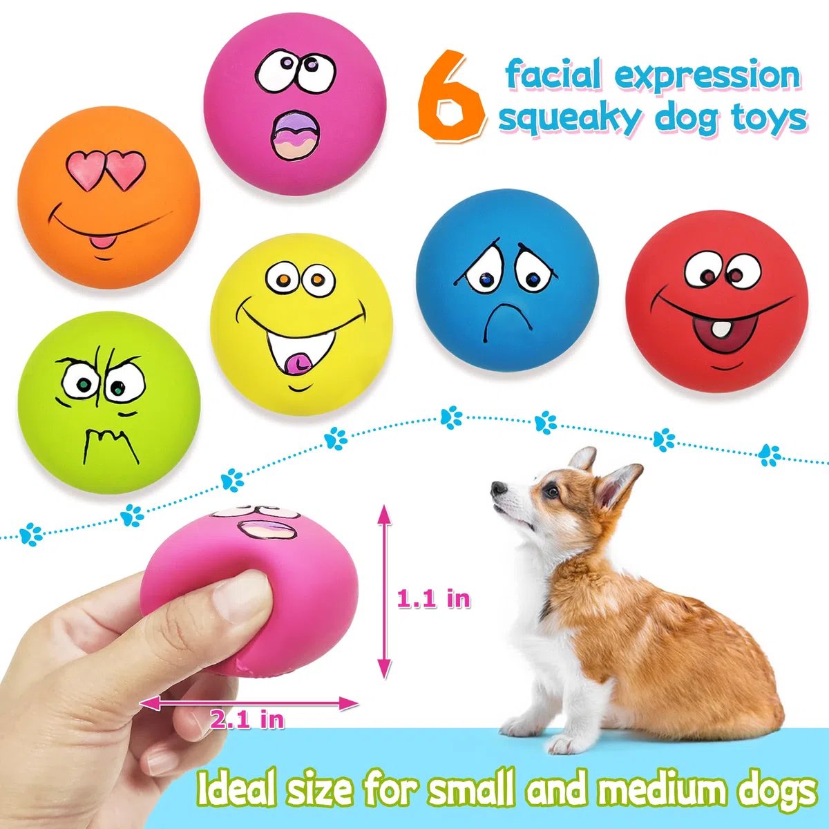 Juguetes de látex chirriantes para perros, juguetes para cachorros sonrientes, juguetes interactivos para perros pequeños, 6 piezas