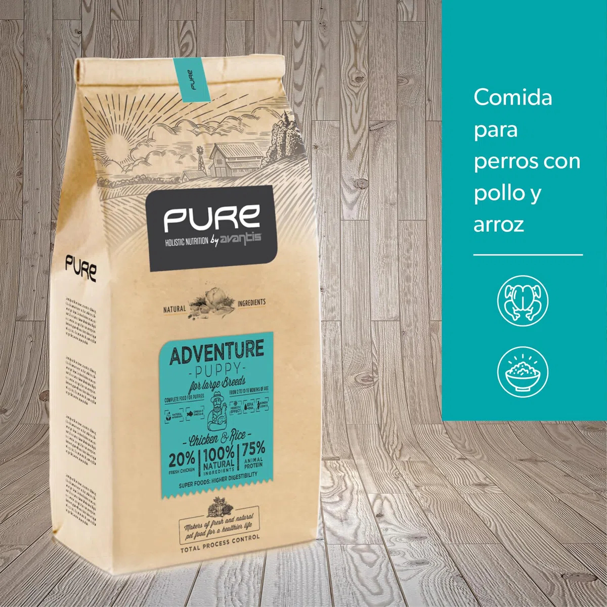 Pure Adventure Puppy Pollo y Arroz 12 kg – Pienso Holístico con Carne Fresca para Cachorros de Razas Grandes – Huesos y Articulaciones