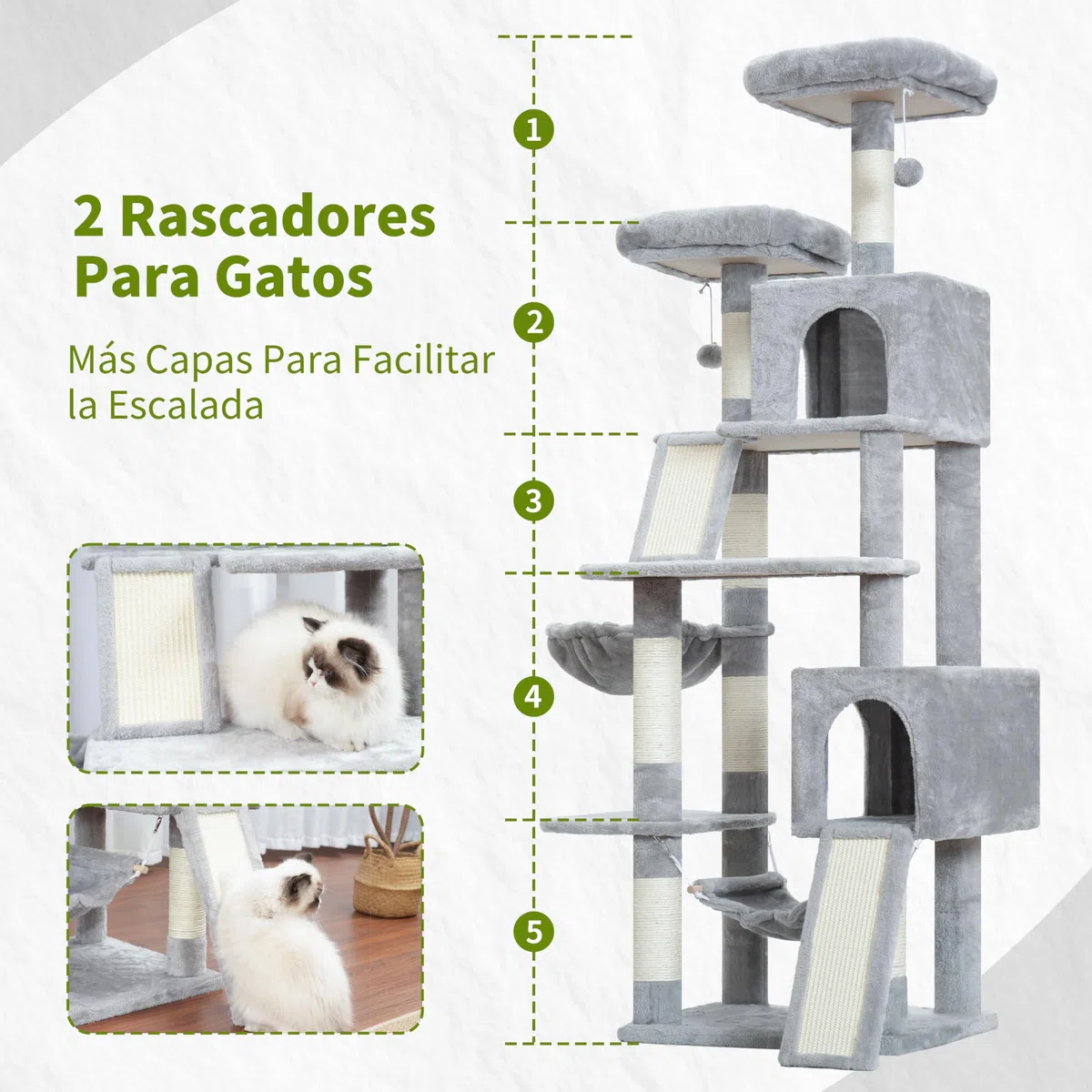 Gitelsnour rascador para Gatos de Interior, árbol para Gatos de 180 cm, con 2 rascadores, 7 Postes, Pompones, Hamaca, Gris Claro GCT032W