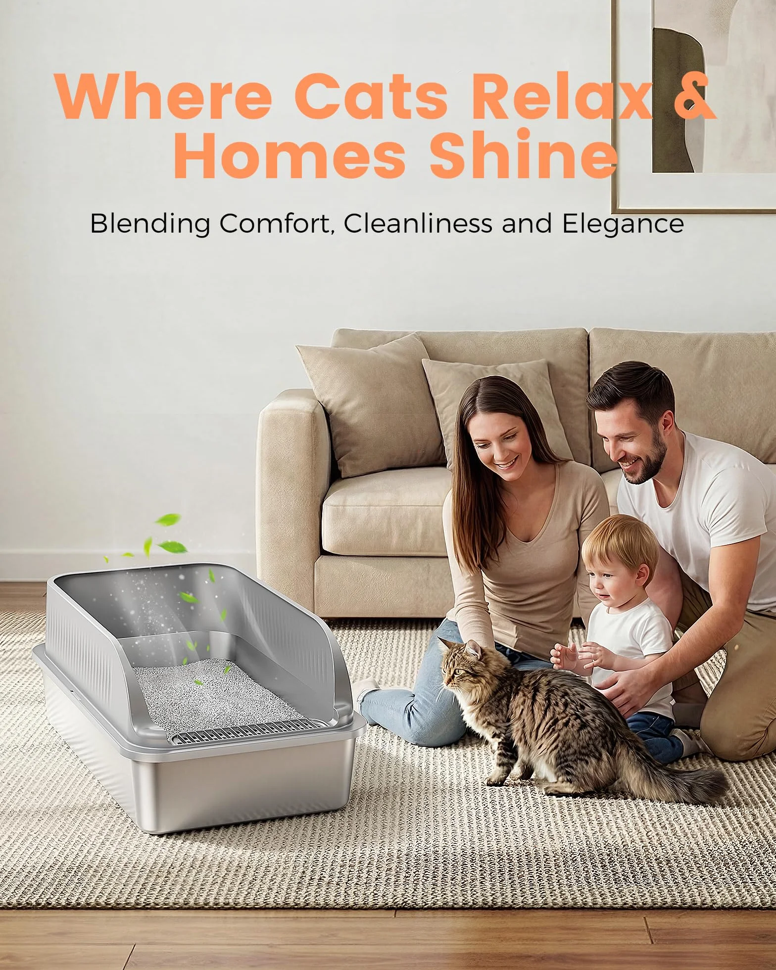 Arenero Gato Acero Inoxidable, Caja de Arenero para Gatos Grandes XXL con Pala, WC Gatos con Bordes Altos Desmontables, Antiadherente, Sin Olores y Fácil de Limpiar, Gris Claro