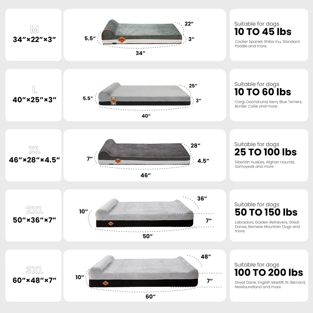 Laifug Cama ortopédica de espuma viscoelástica extragrande para perro con almohada y forro duradero a prueba de agua, funda extraíble lavable y diseño inteligente (grande (40 x 25 x 6 pulgadas), gris)