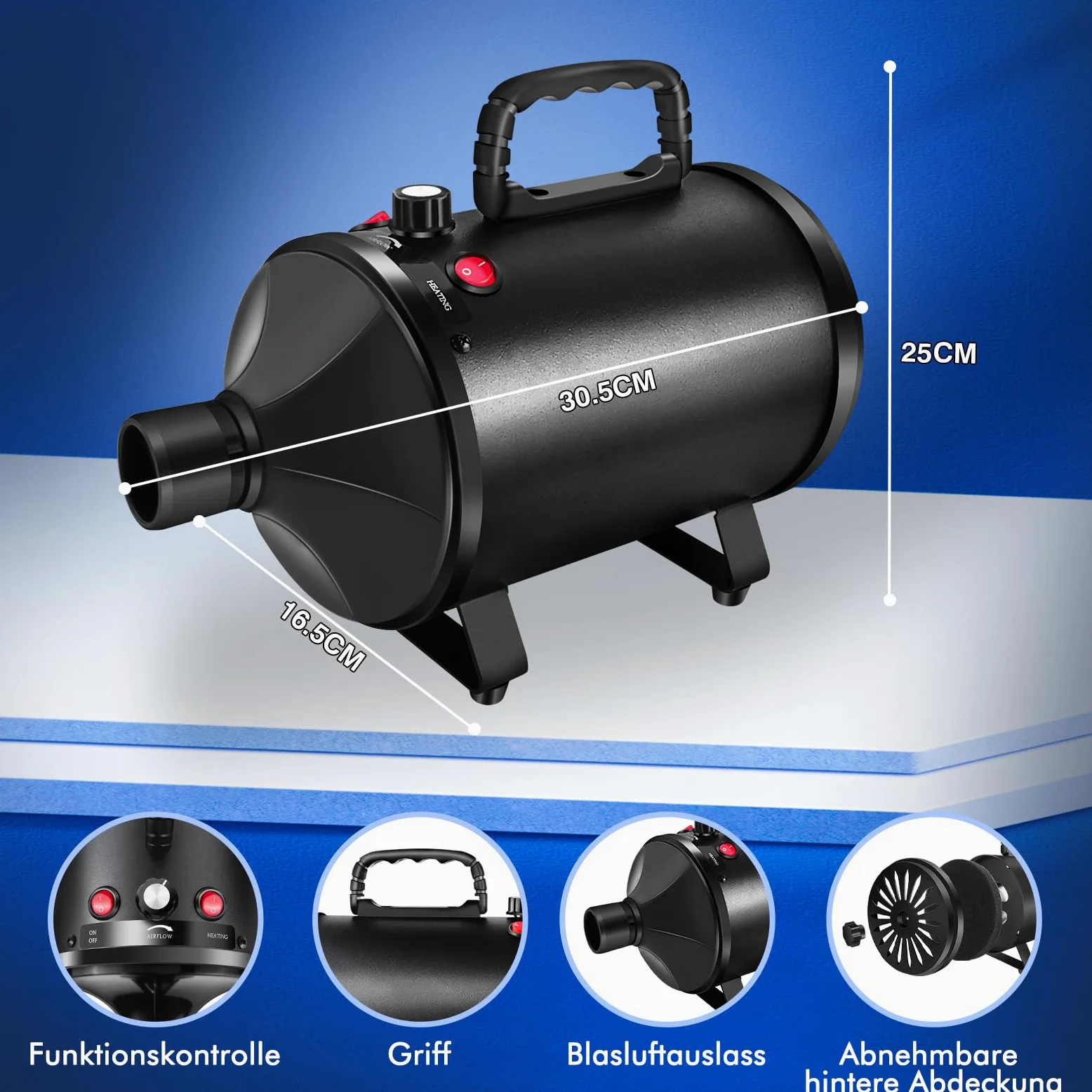 AUTOFU Secador profesional para perros, secador de pelo para mascotas, 3500 W, con velocidad y calor ajustables, 4 boquillas diferentes y manguera elástica