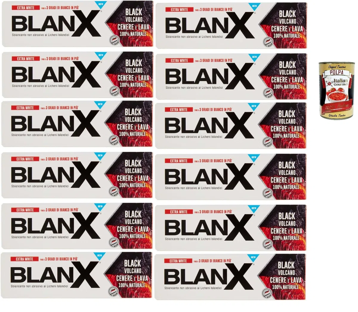 BlanX Dentifricio Black Volcano 12 x 75 ml, pasta de dientes con cenizas y cenizas isleñas y volcánicas, apto para veganos y antibacterianas + Polpa italiana Gourmet 400 g