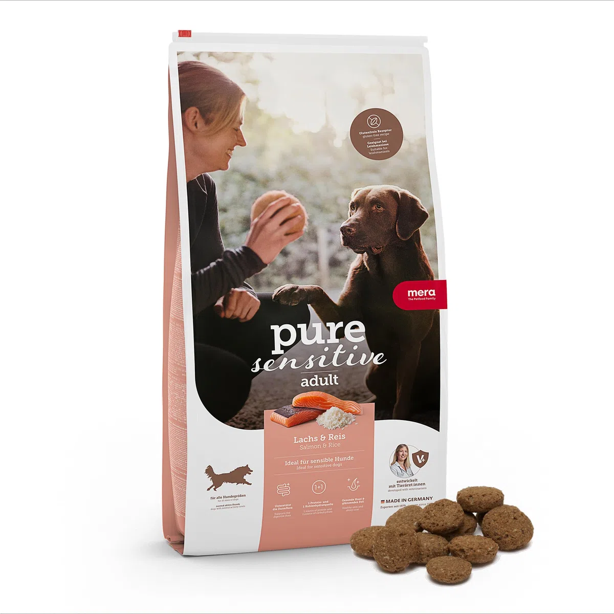 MERA pure sensitive salmon & rice, alimento seco para perros sensibles, alimento seco a base de salmón y arroz, alimento para perros adultos, sin trigo ni azúcar (12,5 kg), 1 pieza