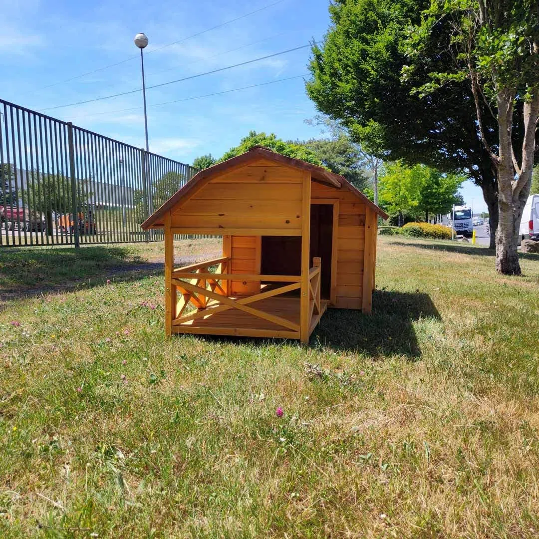 Animal Valley - Nicho para perro Cheyenne con terraza - Madera - L 212 x 99 x 88,5 cm - Talla XL - Beige y Marrón - para perros grandes