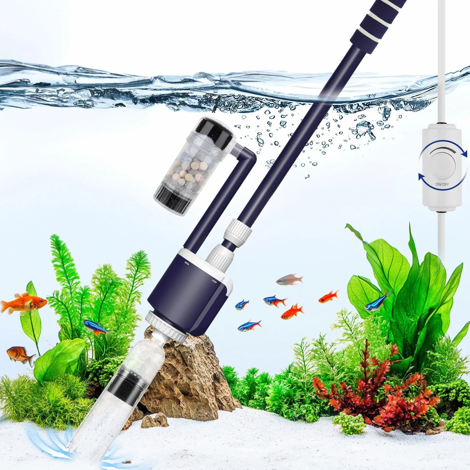 AQQA Tetina para Acuario, DC 2300L/h, Flujo de Agua Regulable para Acuario Eléctrico 32W con Triple Filtración para Cambio de Agua Limpieza de Arena