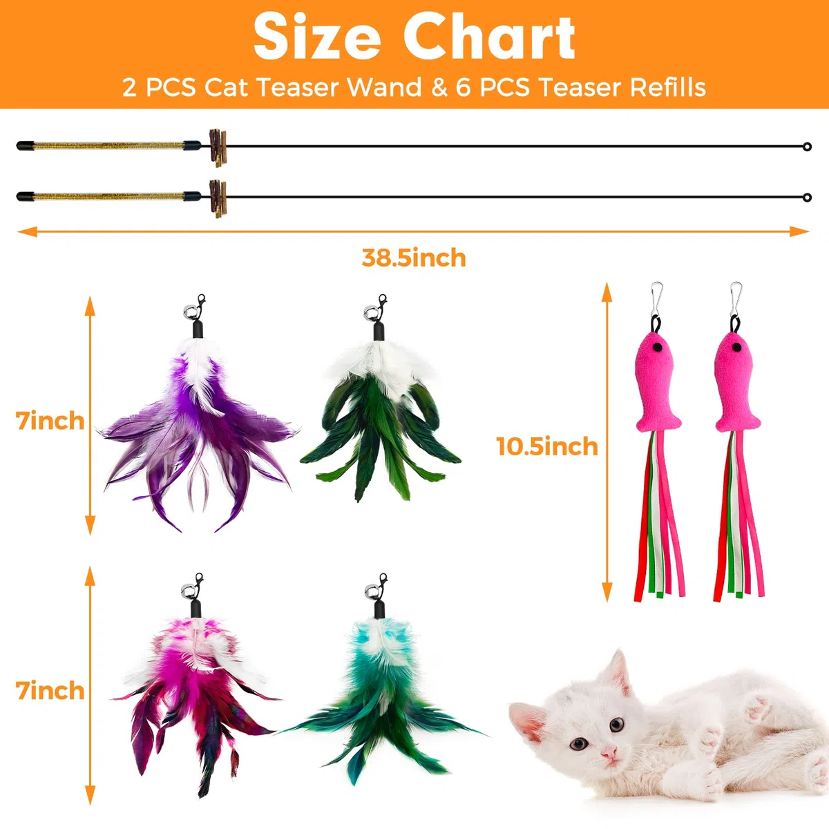 Juguete de varita para gatos, juguetes de plumas de gato con vid plateada y campanas, 2 varitas para gatos y 6 recambios de teaser, varita de alambre extra larga de 38.5 pulgadas, juguete para
