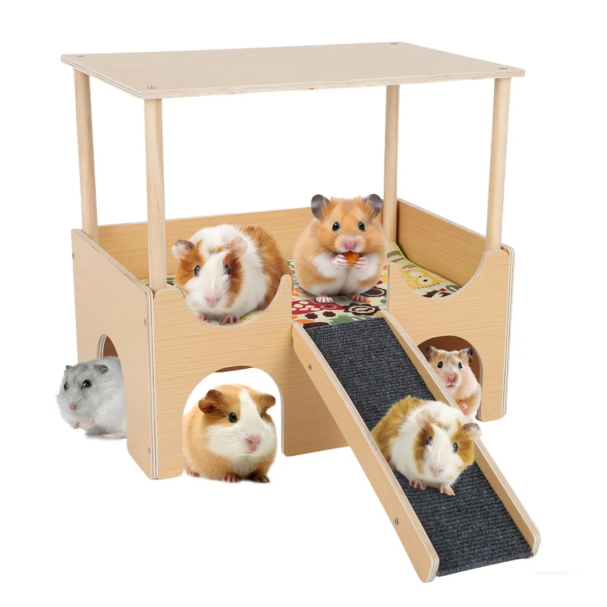 Casa de madera para cobayas con 4 cuevas y rampa, hámster grande con alfombrilla antideslizante, escaleras y alfombrillas para chinchillas, conejos enanos, ardillas, erizos (doble capa)