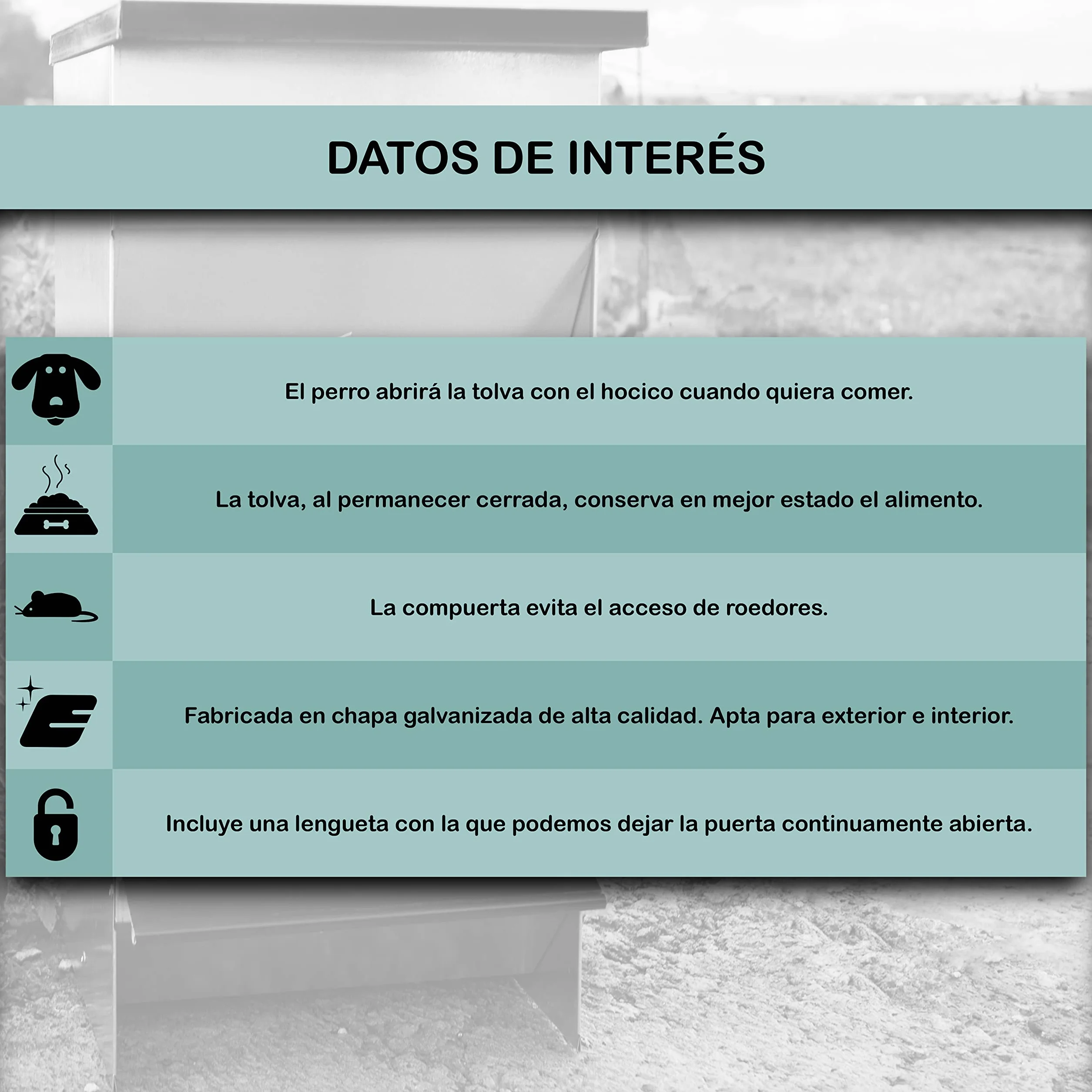 Comedero para Perros ( capacidad 42L / 30,2kg aprox.) - Tolva para Perros Galvanizada Premium - Con Tapa Para Mantener el Pienso Protegido de Ratones y Pájaros - Incluye expendedor de bolsitas