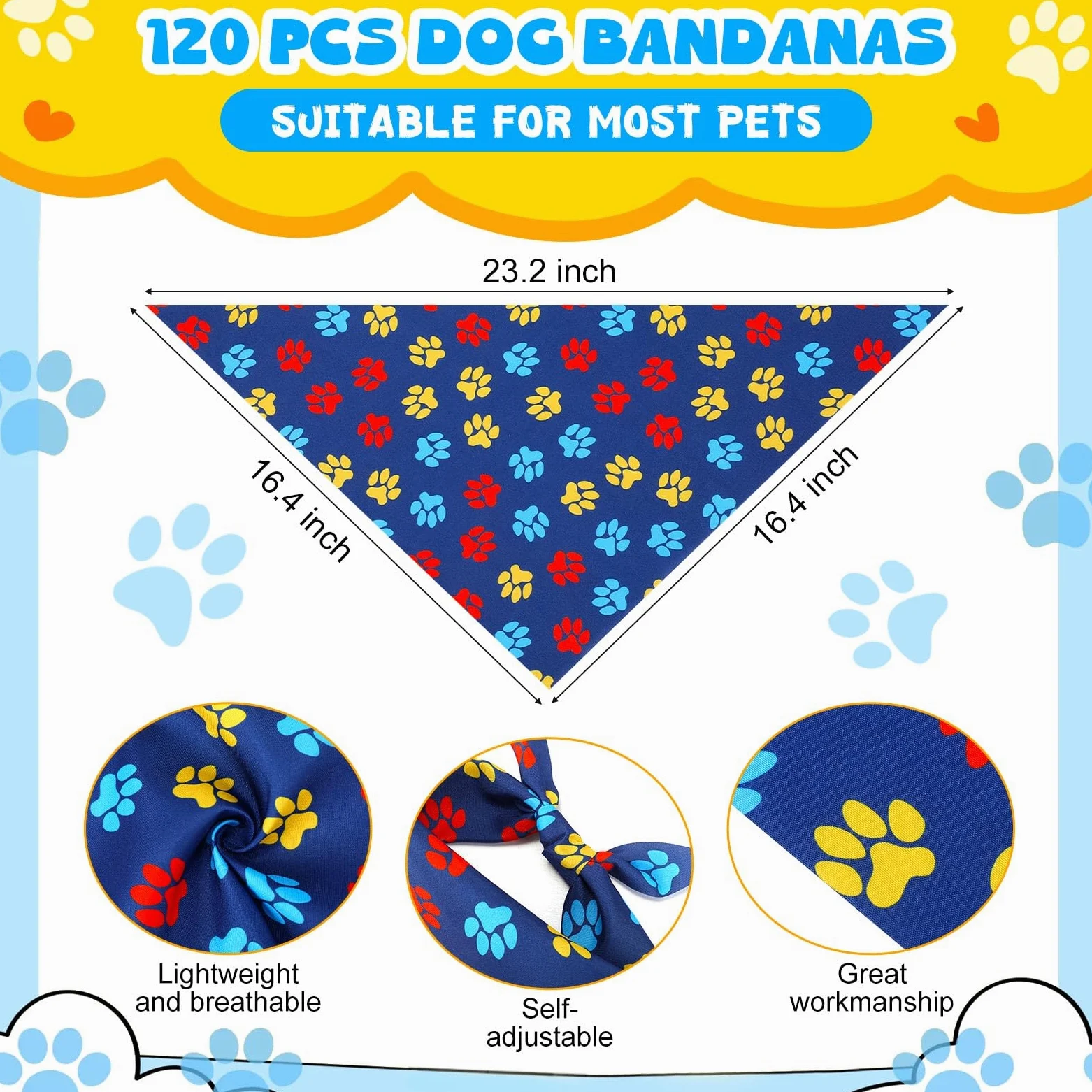 Sanwuta 120 bandanas azules con estampado de huellas de animales a granel para perros, pañuelo triangular para mascotas, accesorios diarios