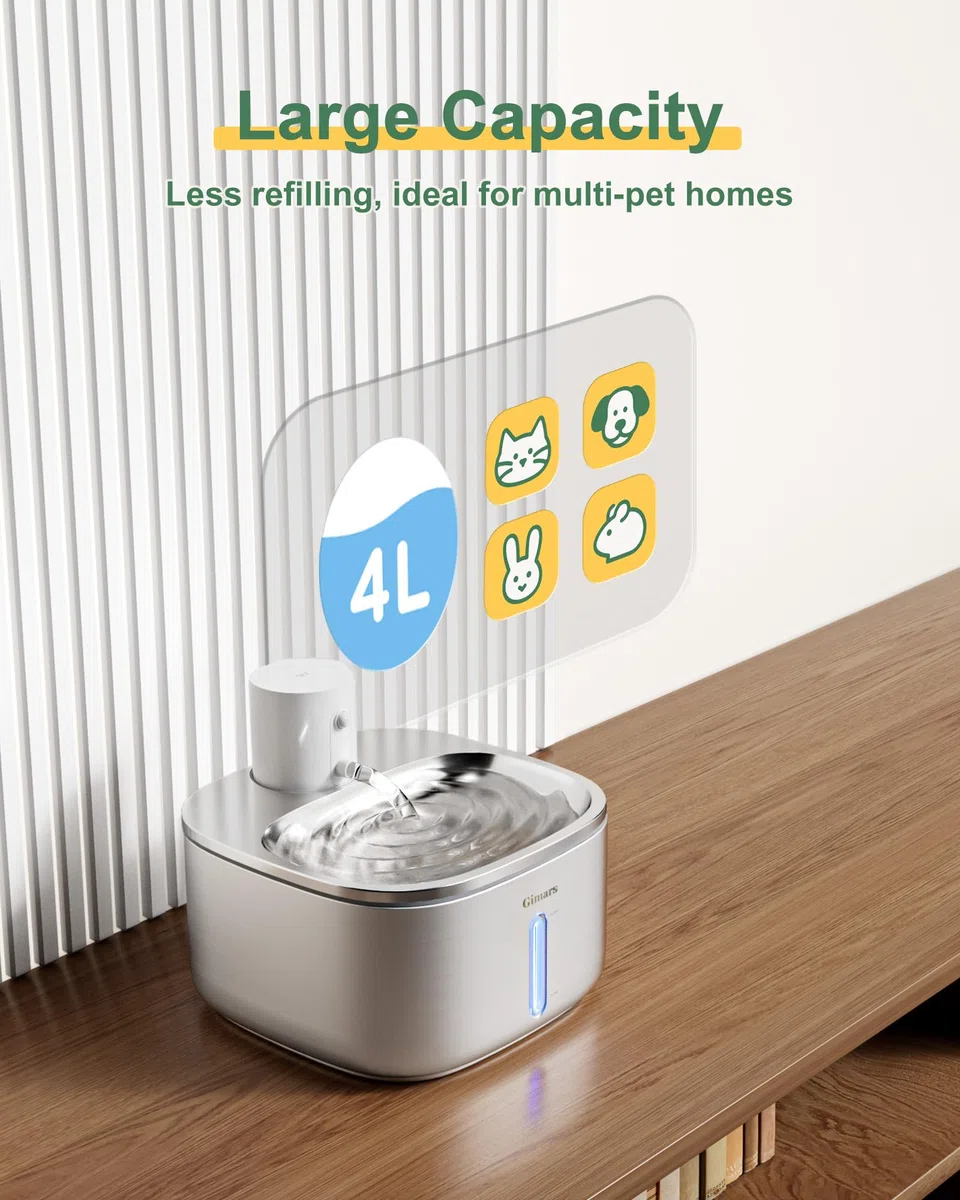 Gimars Fuente para Gatos sin Cable Inoxidable: 3.2L/5000 mAh, Bebedero Gatos con Sensor de Movimiento, Automático Dispensador de Agua Inalámbrico con Batería Recargable, Bomba Ultra Silenciosa
