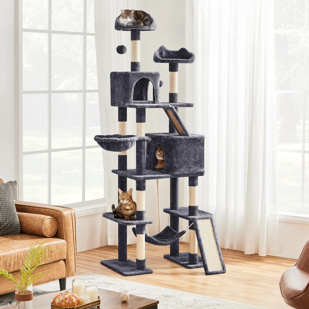 Yaheetech Rascador para Gatos 209 cm Torre Escalado Grande Gris Oscuro | Para Gatos grandes, Hamaca, Rampa sisal,Estabilidad, Fácil montaje, Duradero, Perca ancha, Cesta blanda, multifuncional