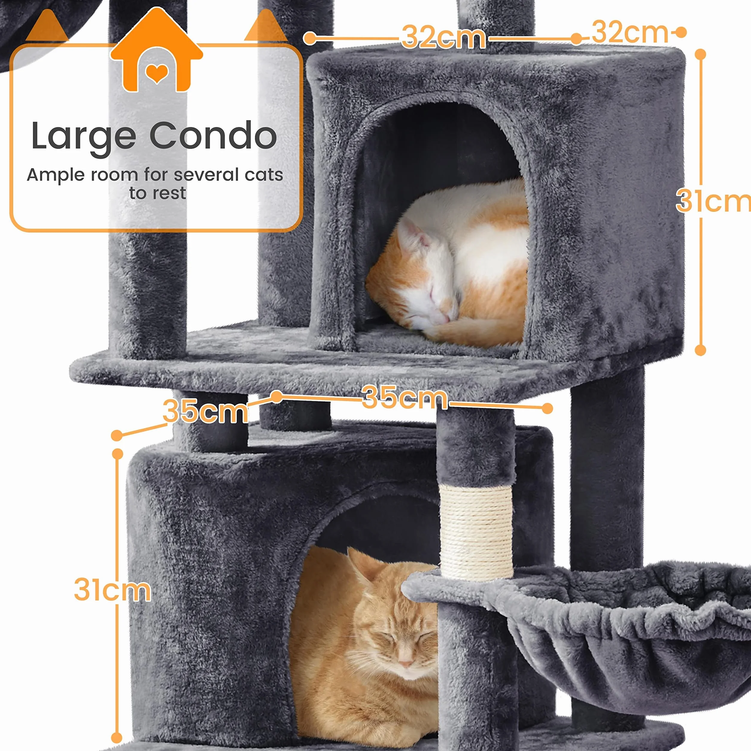 Yaheetech Rascador XXL para Gatos de 175 cm de Altura para Gatos Grandes, árbol de Escalada Estable con columnas de sisal y Plataformas, Hamaca de Peluche, Color Gris Oscuro