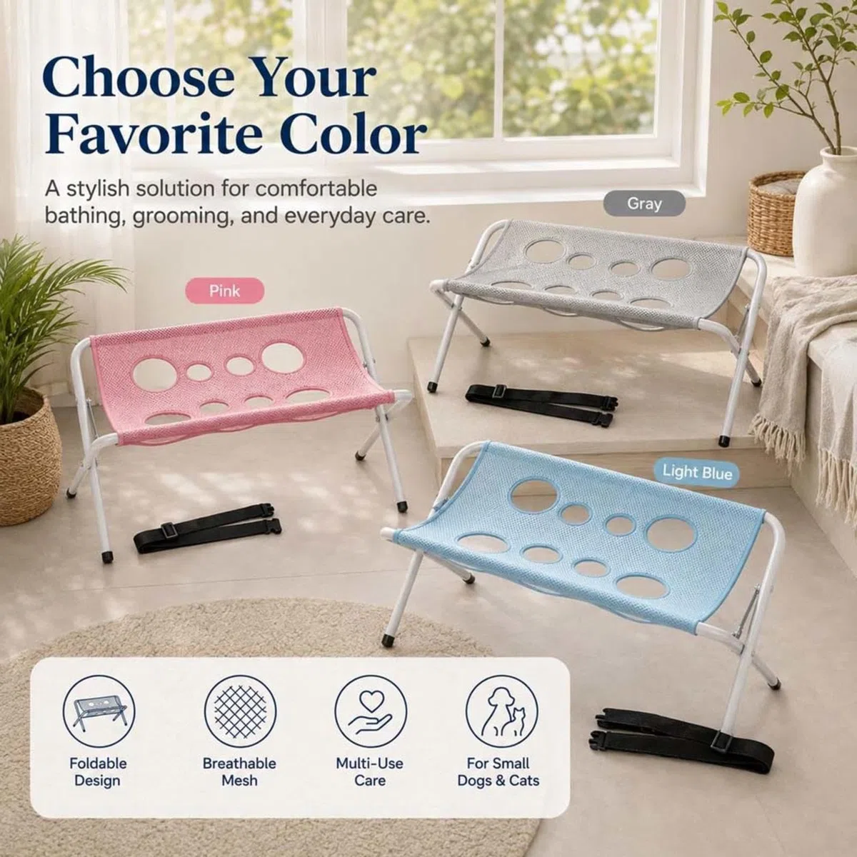 Silla para Bañar Perro Tela De Secado Rápido Cama Plegable 2 En 1 para El Aseo De Mascotas Estructura Sólida Soporte para BañO De Perros Recorte Diario De Uñas,Baños,Pink